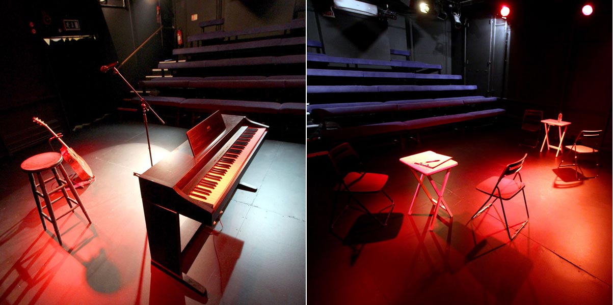 Black Box Theatre at Etcetera Theatre, intimate live music event with piano and microphone.