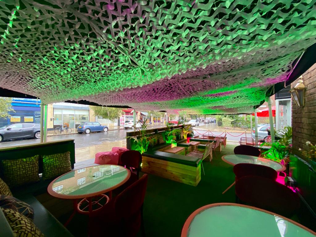 Vibrant outdoor event space with unique canopy at Biddy Mulligan's Olympia for gatherings.