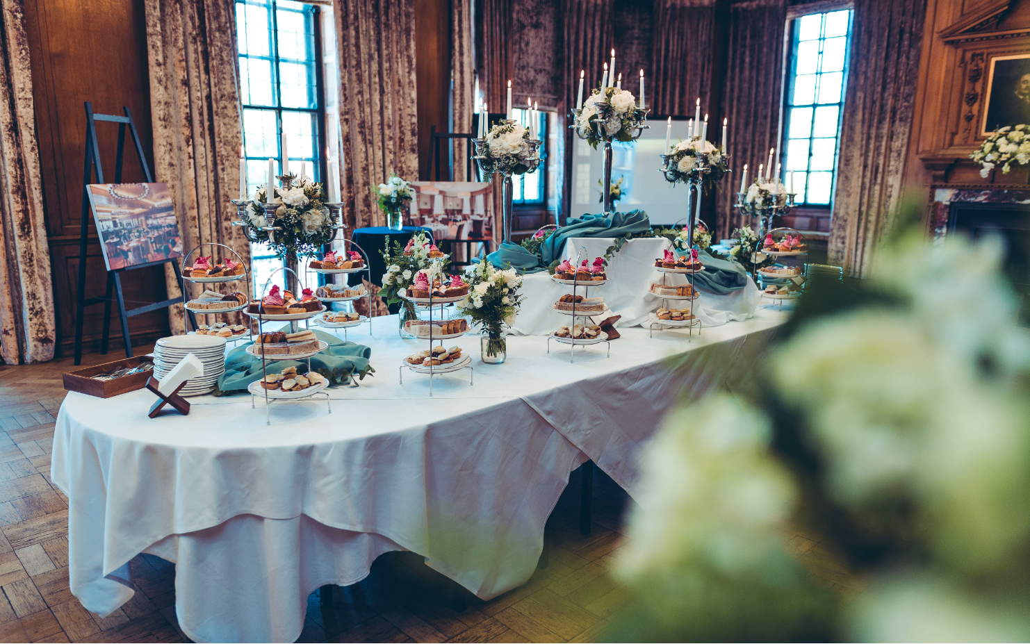 Elegant dessert table in Chairman's Suite, The Grand, York for weddings and upscale events.
