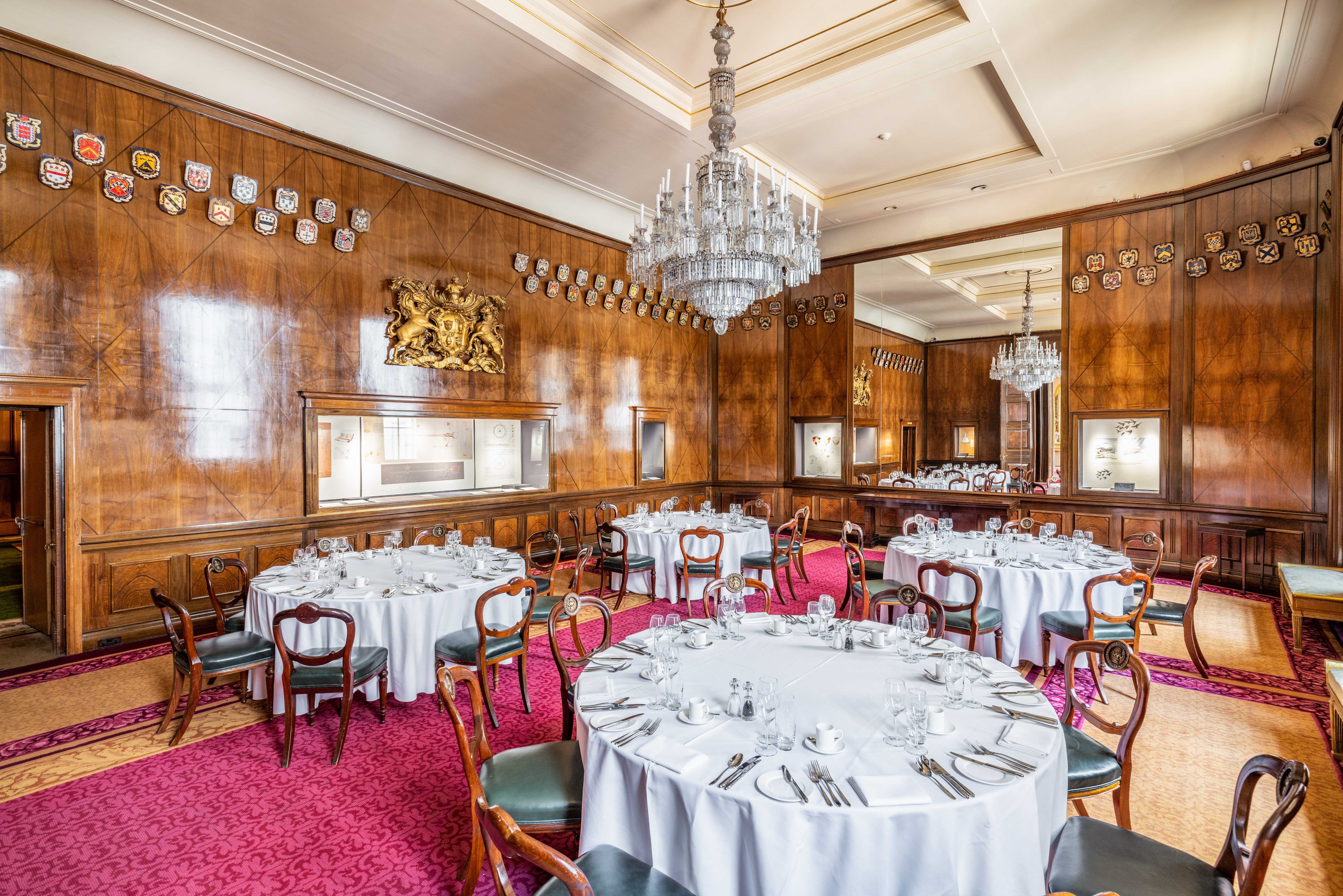 Elegant banquet room at Goldsmiths' Hall, perfect for corporate events and celebrations.