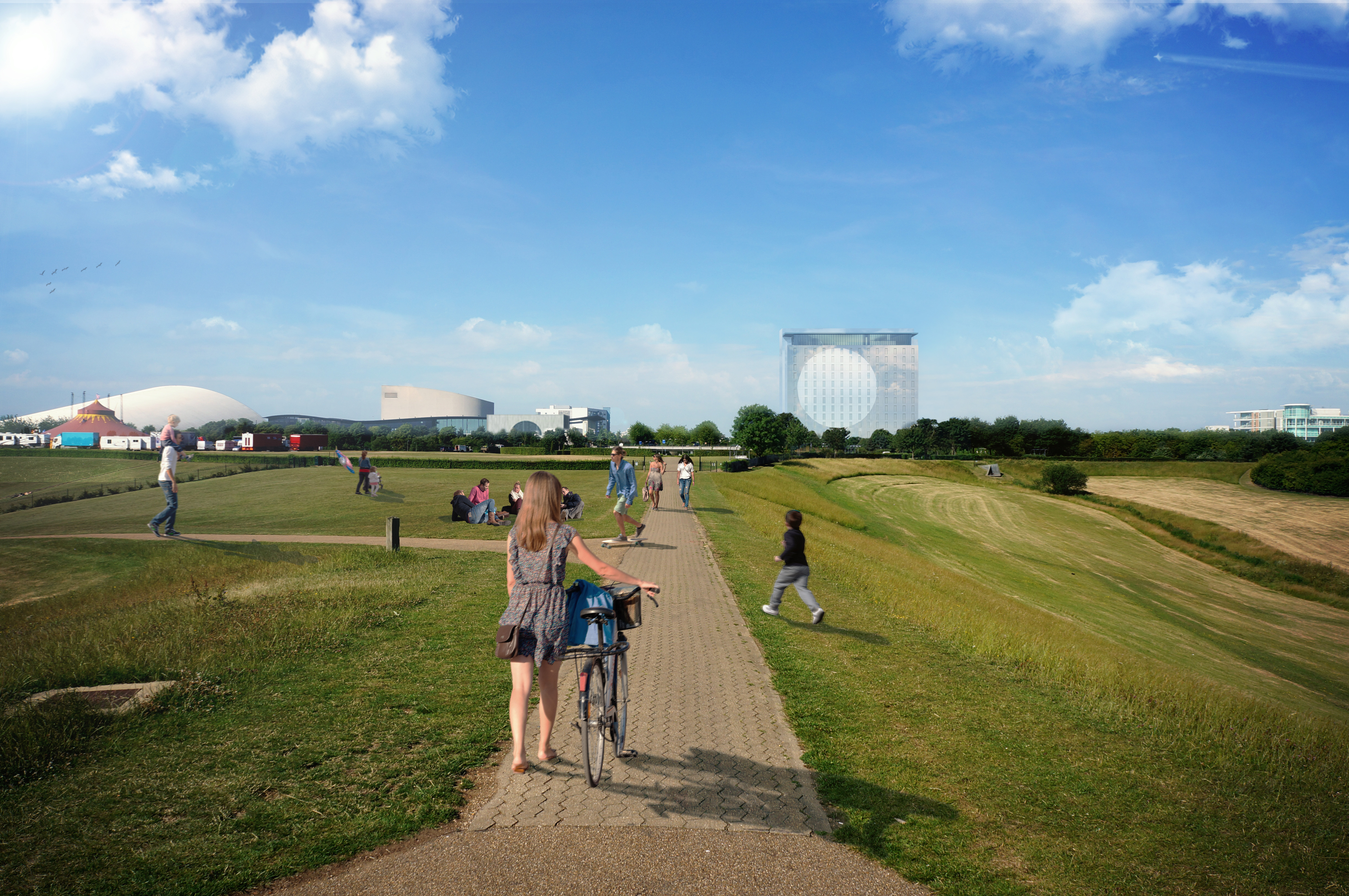 Outdoor meeting space at Hotel La Tour, featuring green areas for team-building events.