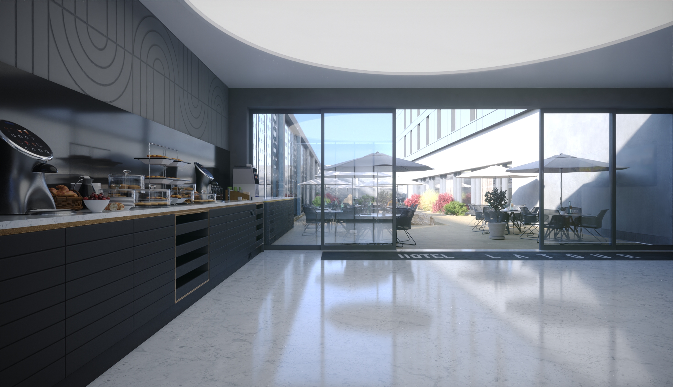 Modern meeting space with large windows at Hotel La Tour for networking events.