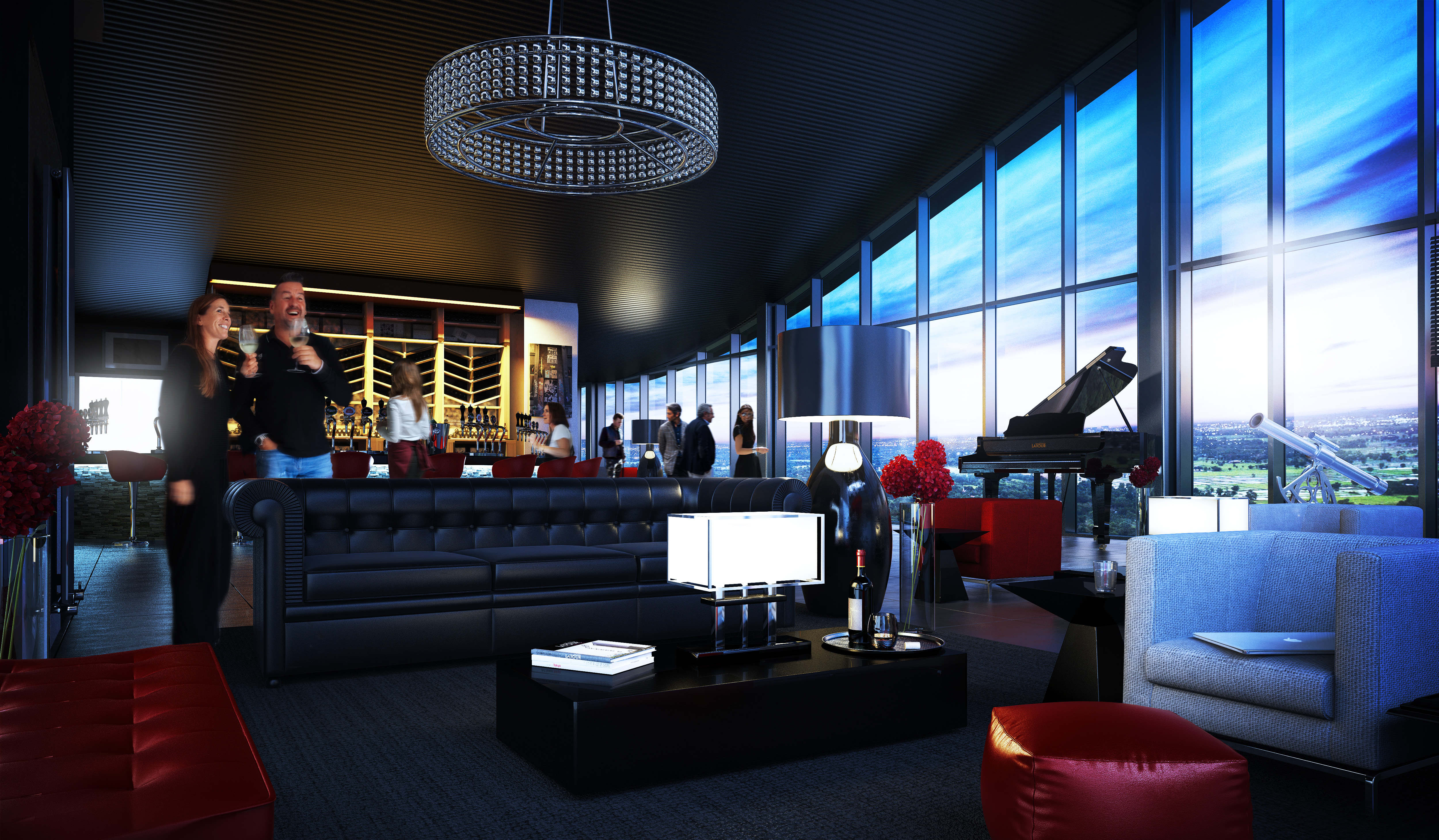 Sophisticated event space with plush seating and large windows at Hotel La Tour.