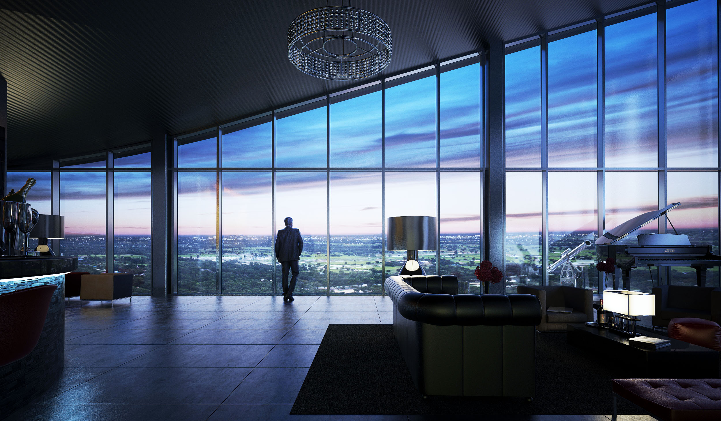 Modern event space with skyline views, ideal for upscale meetings and networking.