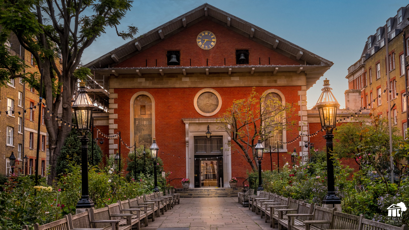 St Paul's Church Covent Garden: historic brick venue for outdoor receptions and gatherings.