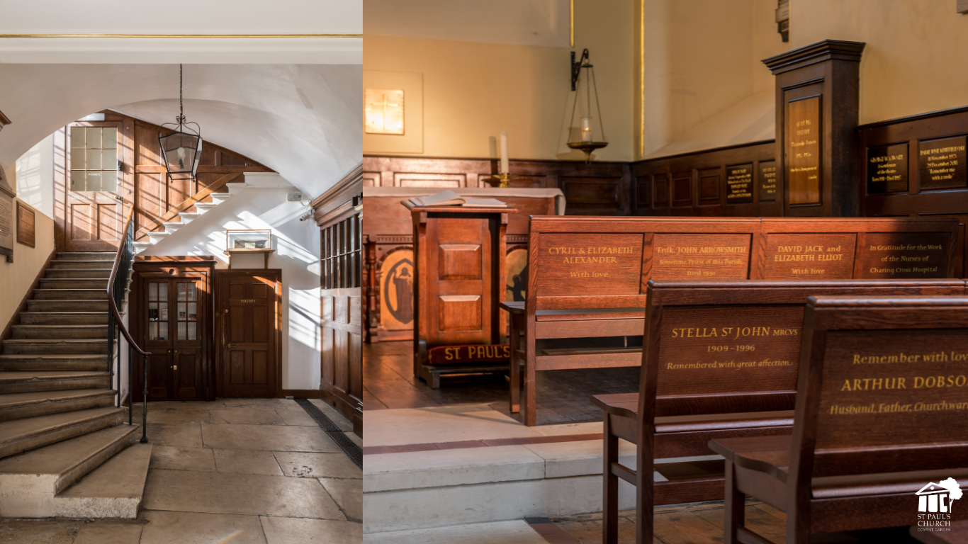 St Paul's Church Covent Garden: elegant venue with wooden seating for intimate events.
