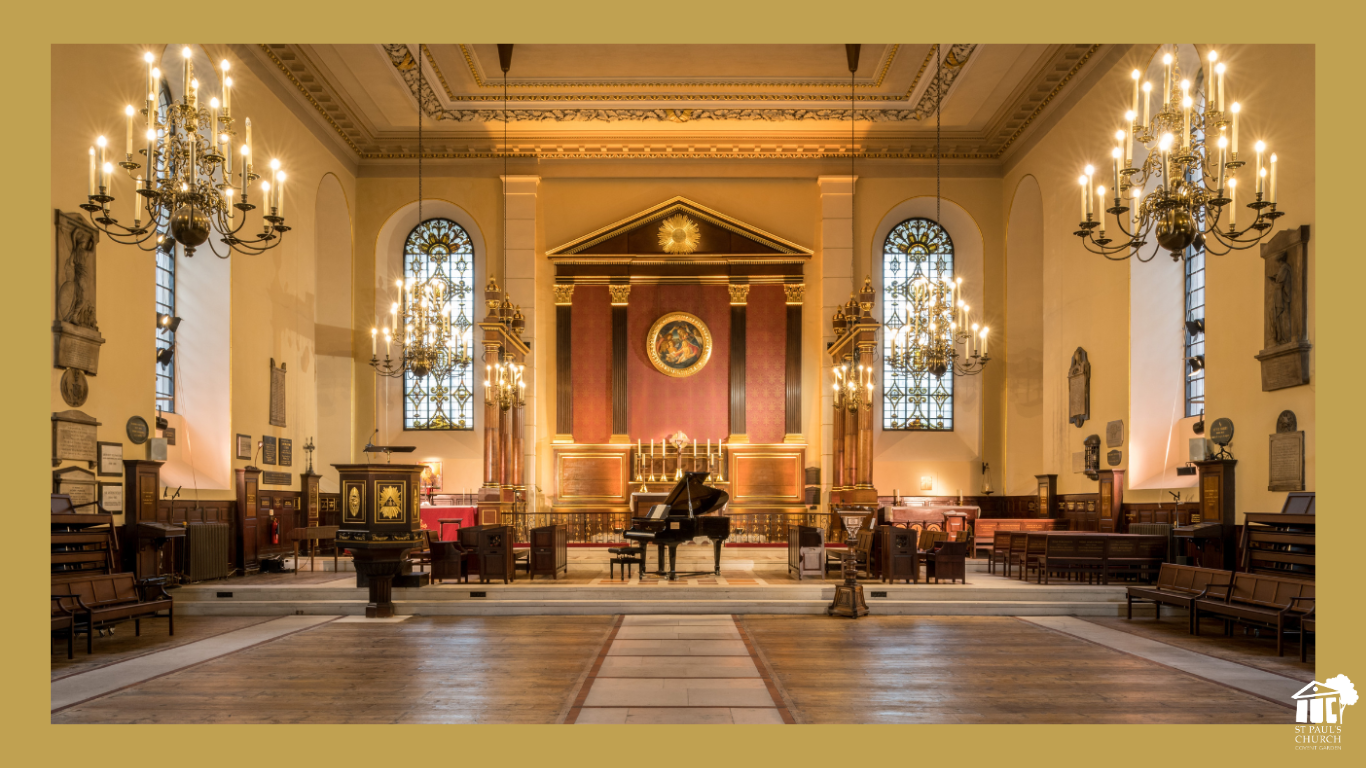 Elegant St Paul's Church Covent Garden with chandeliers, ideal for weddings and concerts.