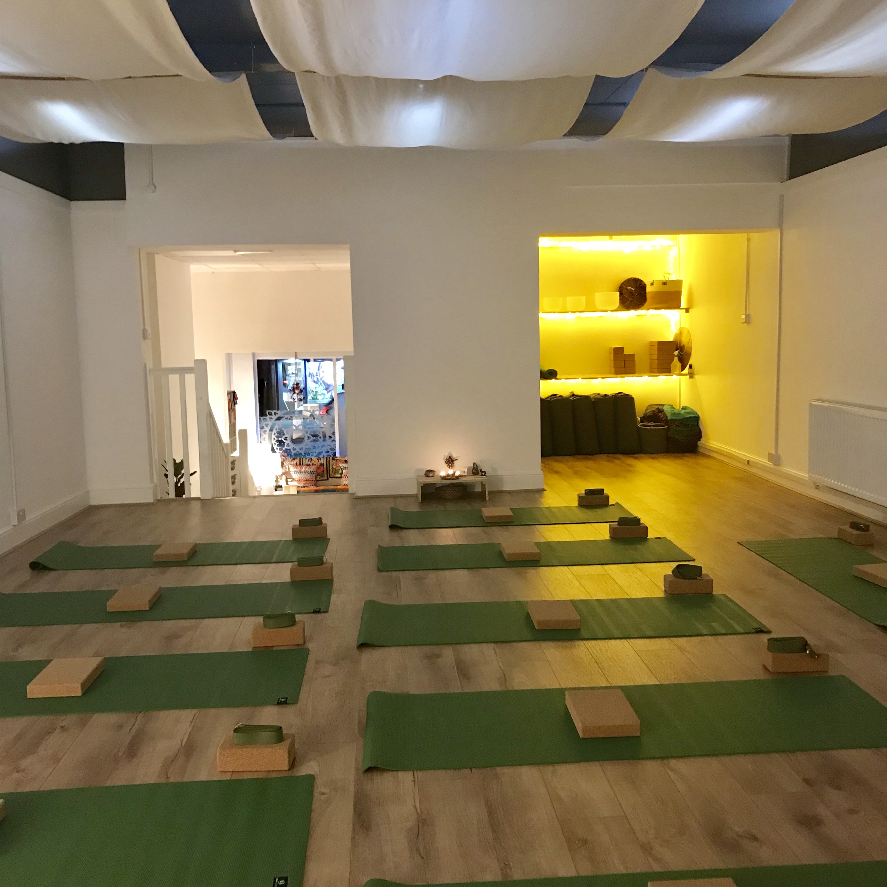 Serene yoga studio with mats for wellness workshops and mindfulness retreats.