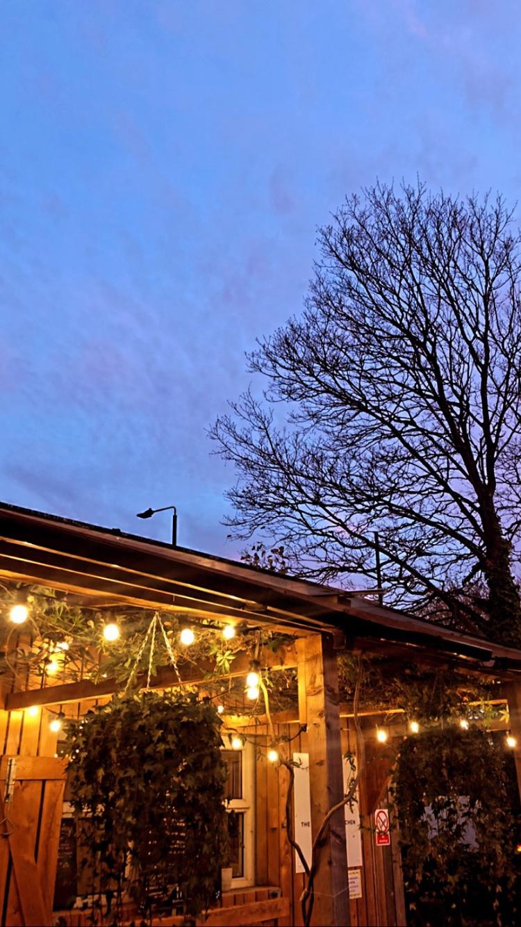 Serene outdoor venue at dusk with string lights, perfect for intimate gatherings and events.