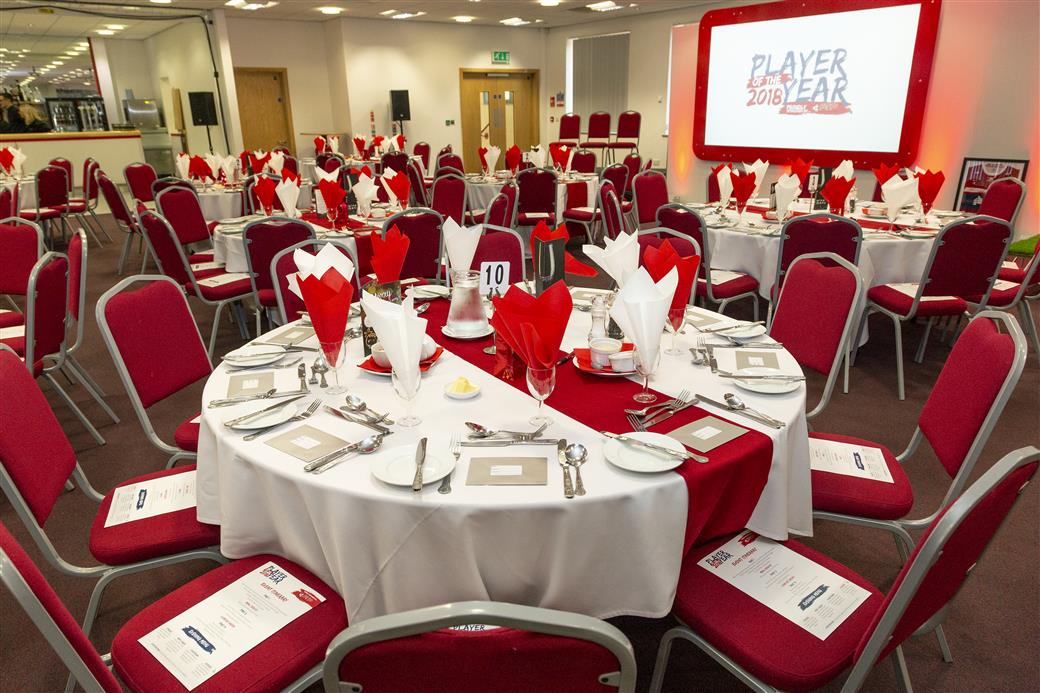 Banquet setup at Hull College Craven Park for an elegant awards event.