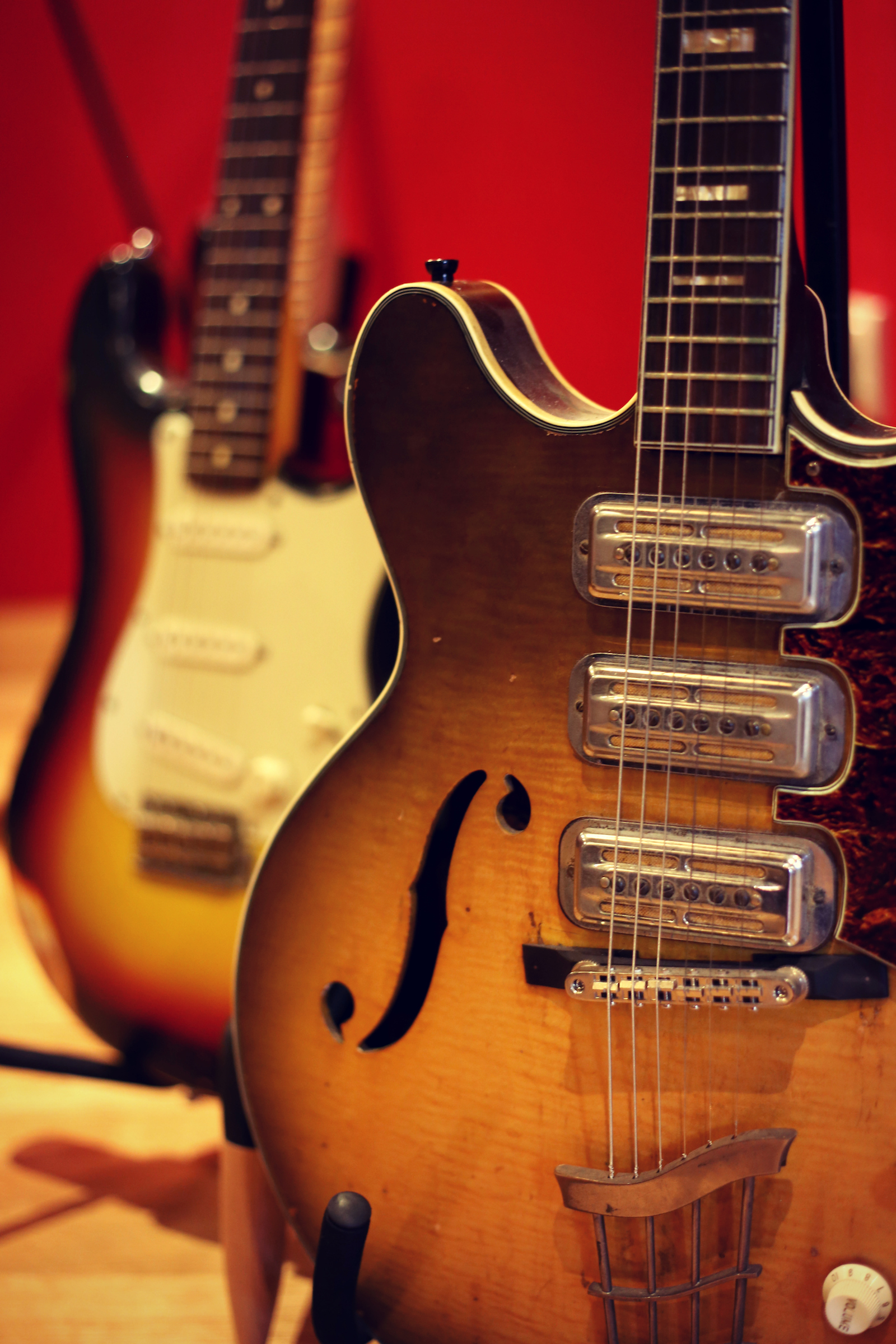Close-up of electric guitars at Dock Street Studio for music-themed events.