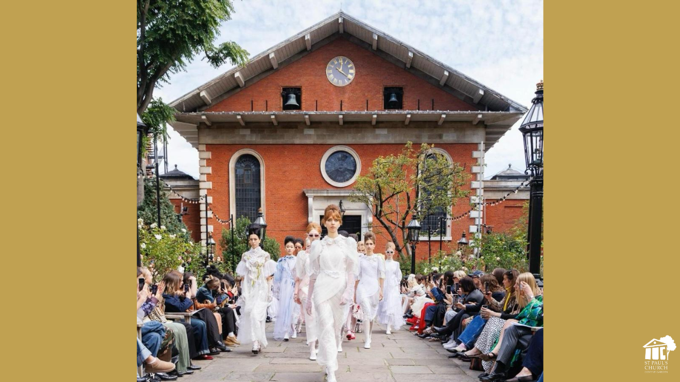 Outdoor fashion show at St Paul's Church Covent Garden with elegant models and historic backdrop.