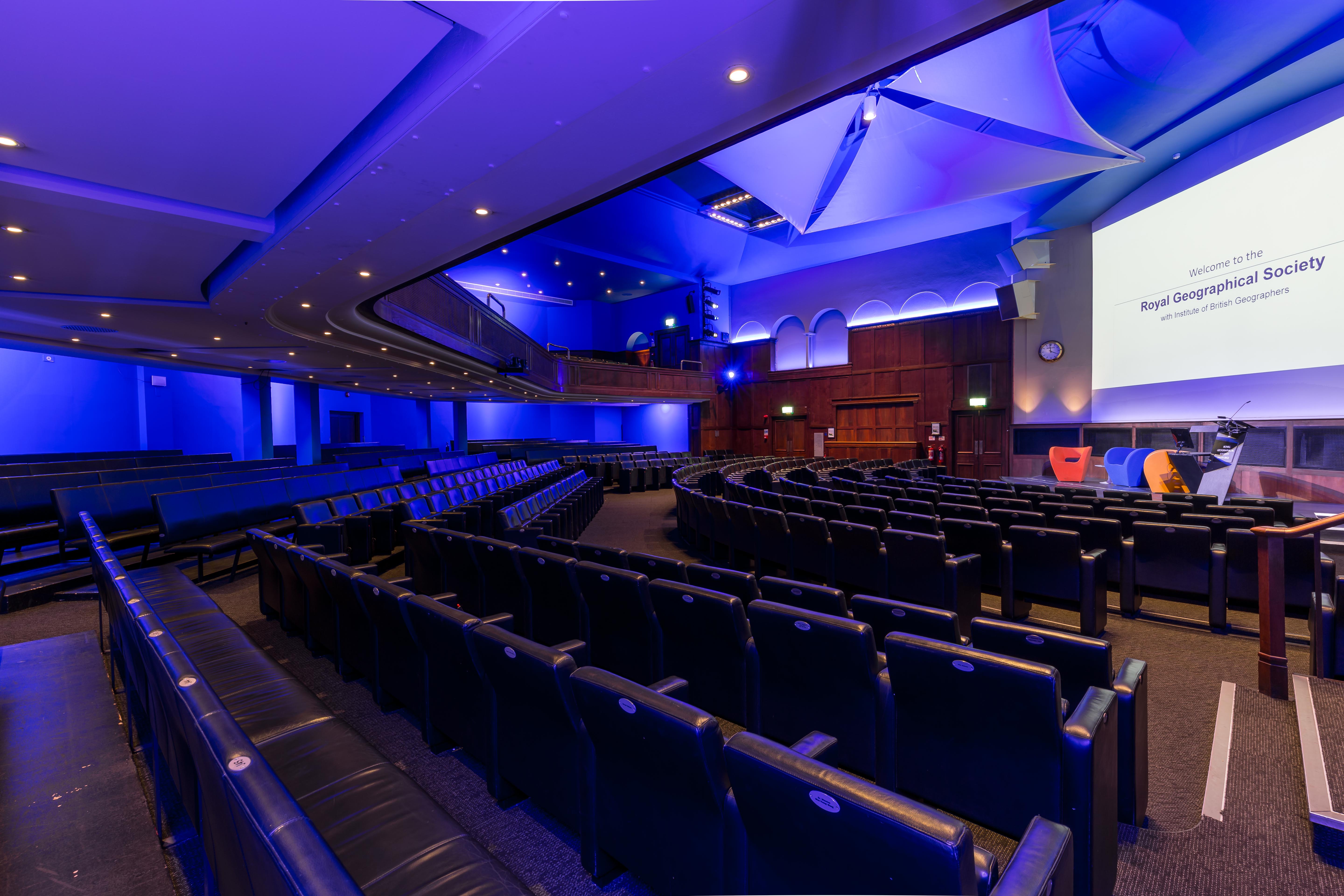 Ondaatje Theatre at Royal Geographical Society, modern auditorium for conferences and presentations.
