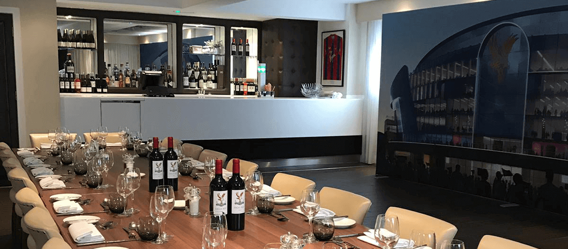 Vice President's Lounge at Selhurst Park, elegant dining setup for corporate events.