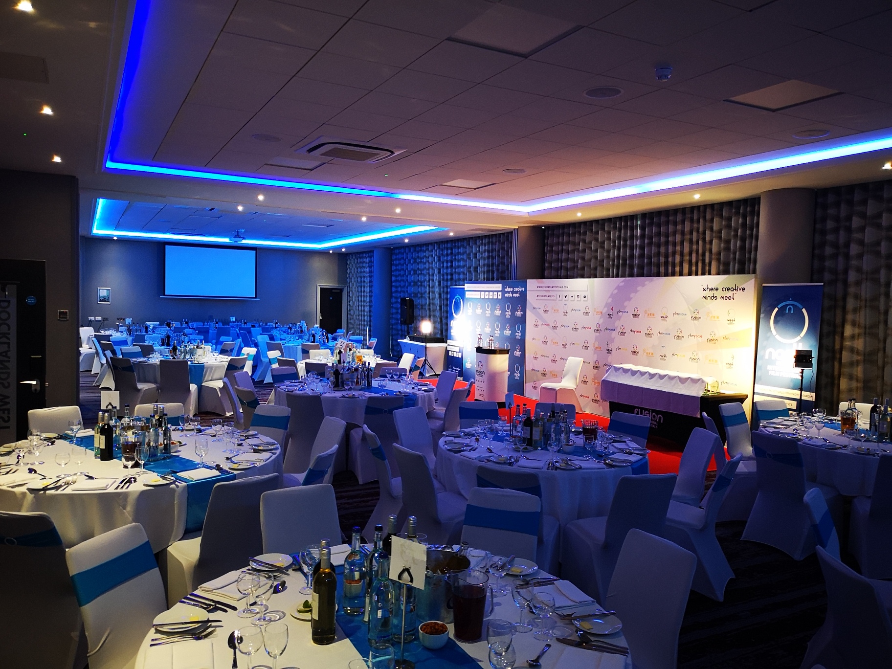 Elegant Docklands Suite set for a formal dinner or conference at Crowne Plaza London.