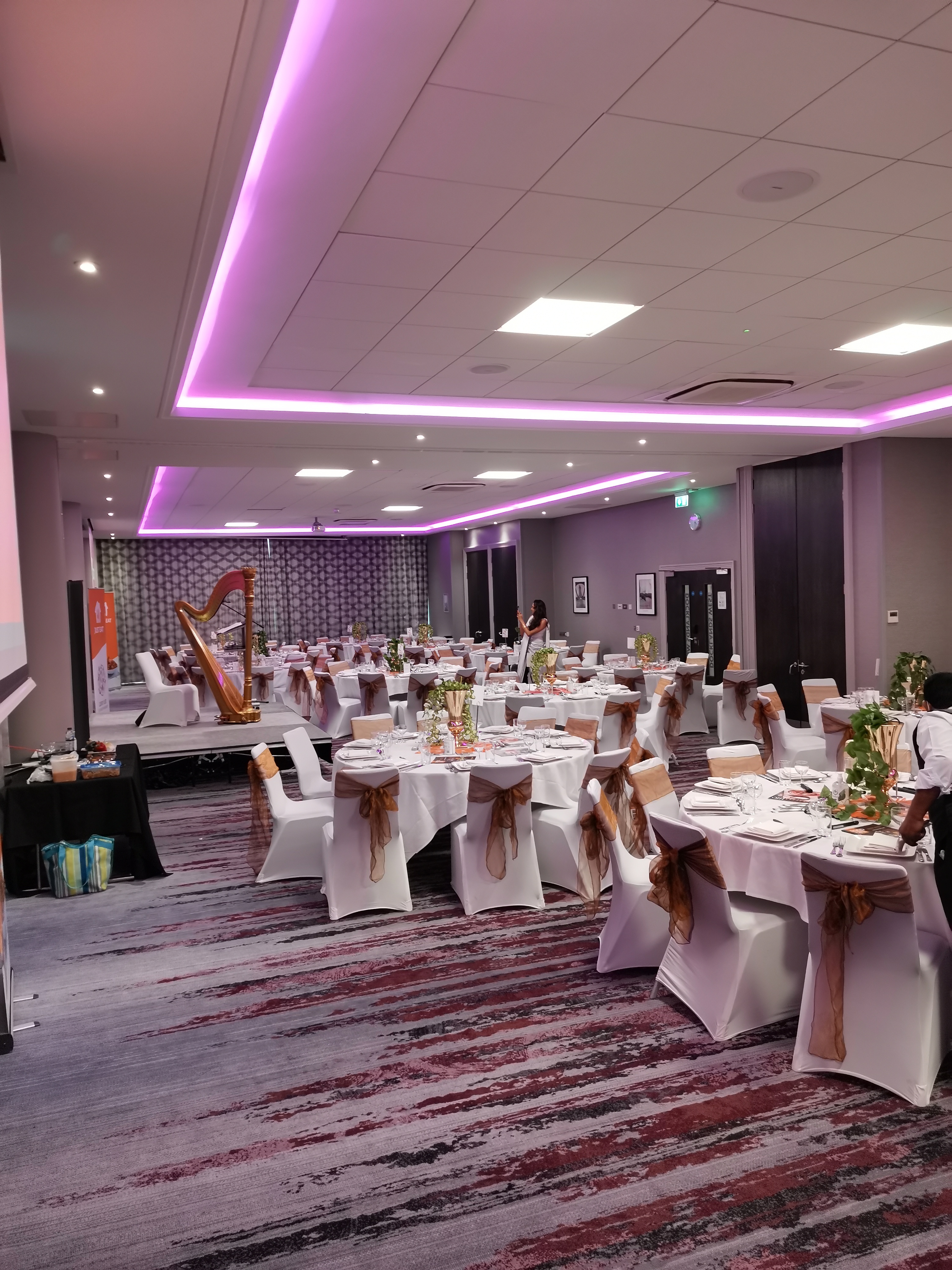 Elegant Docklands Suite with stage and harp, perfect for formal events and banquets.