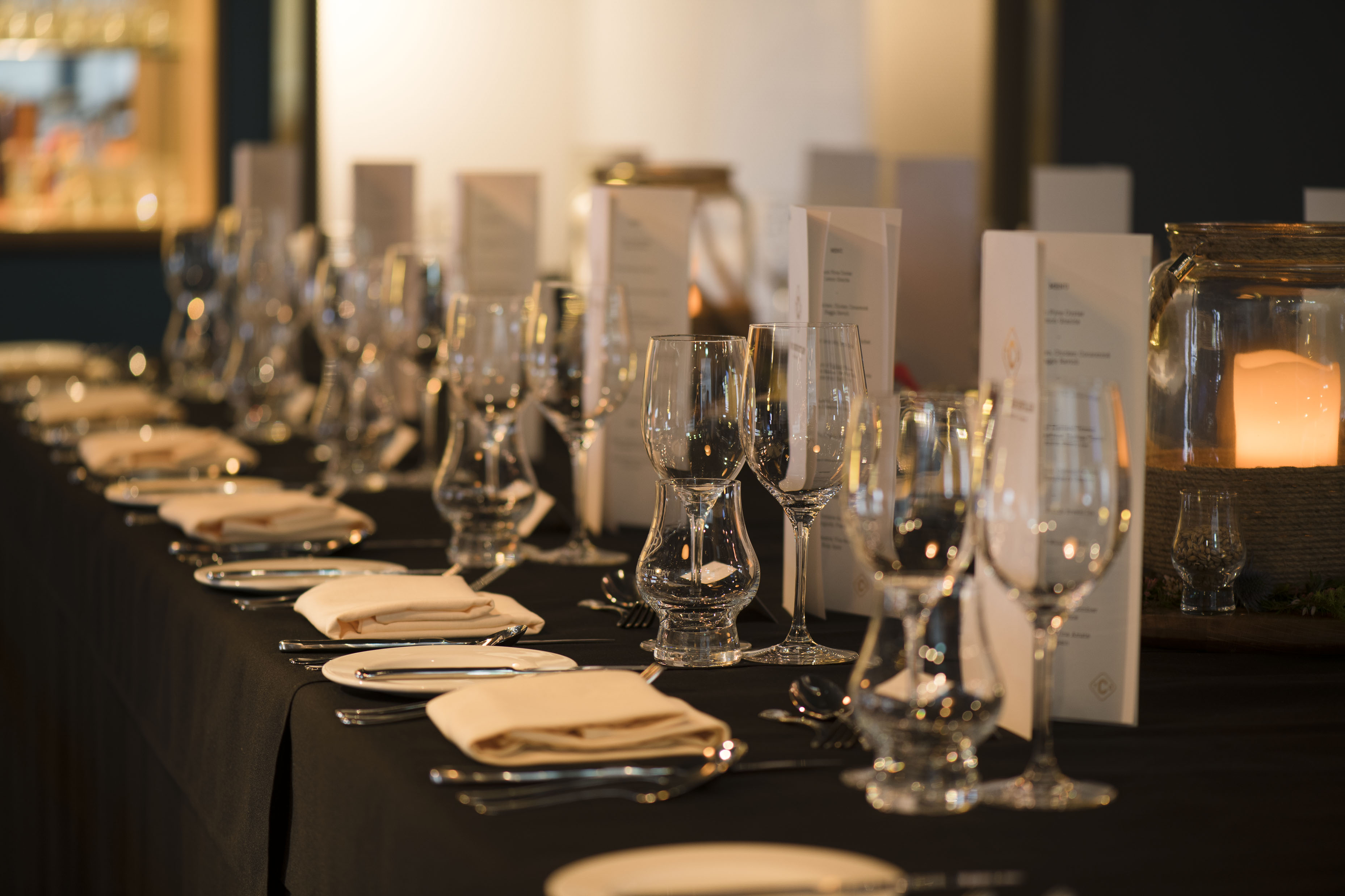 Elegant dining table setup at The Clydeside Distillery for formal events and galas.