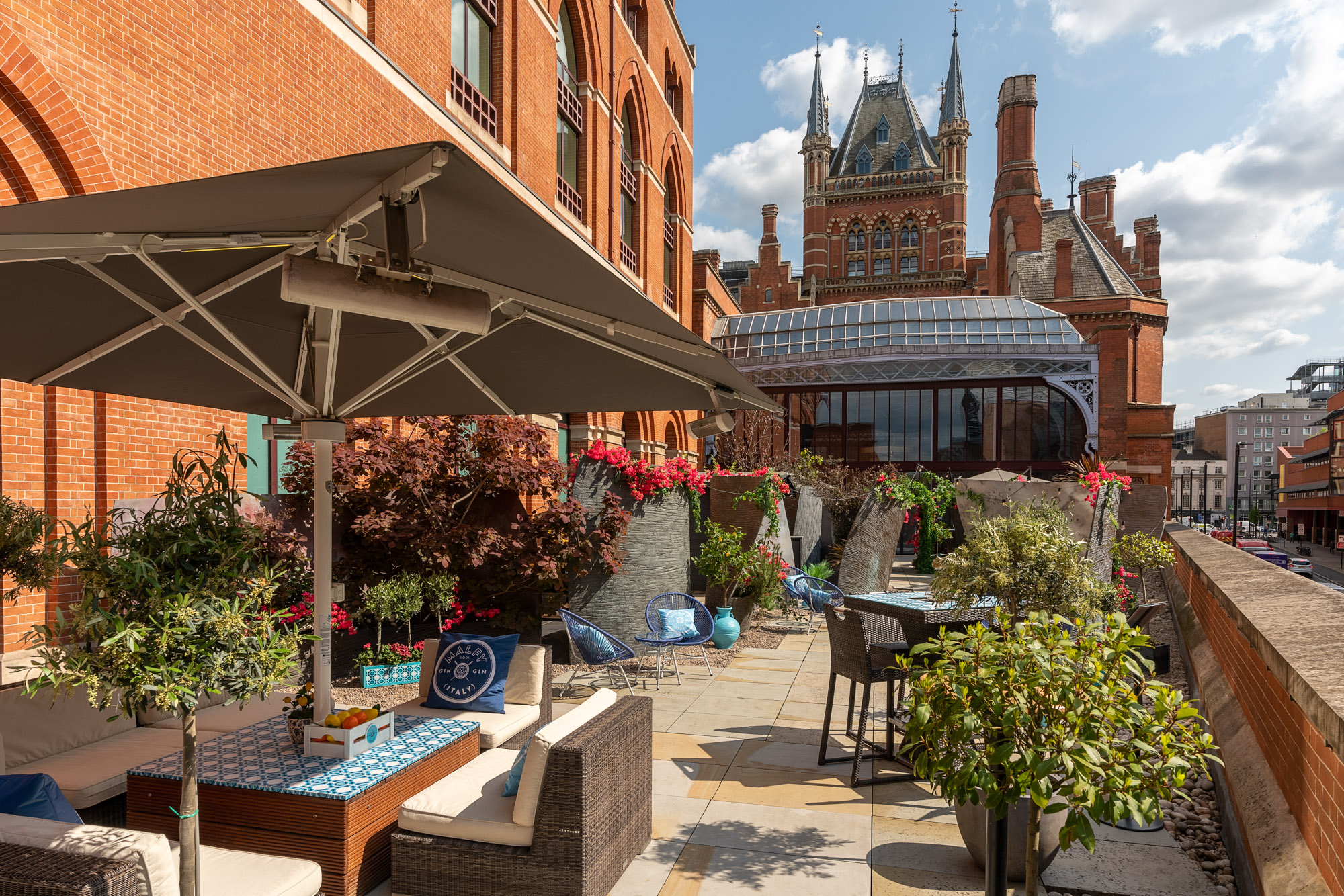 Stylish outdoor terrace at RoofGarden St. Pancras for networking events and receptions.