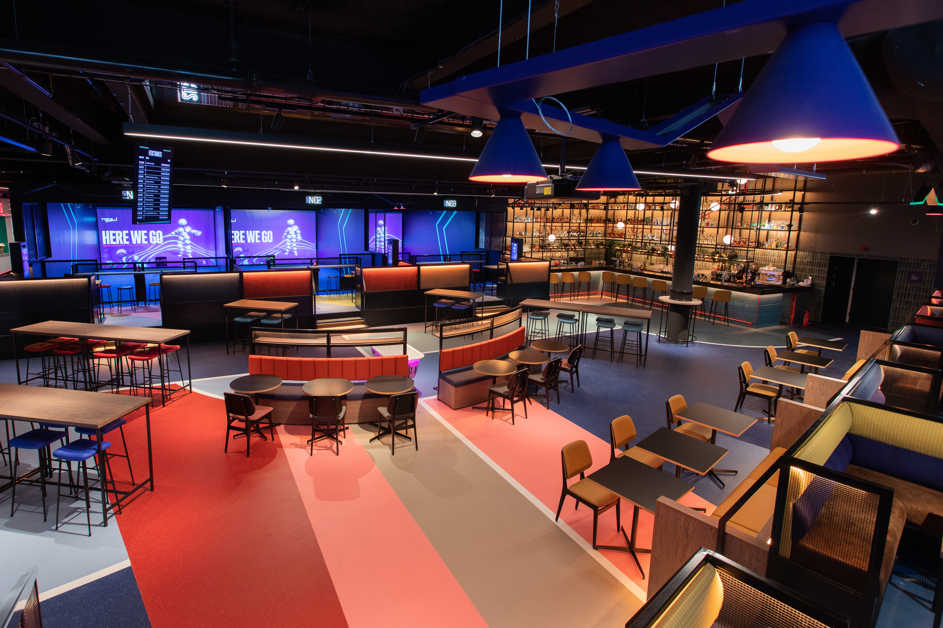 Modern event space at TOCA Social with vibrant decor for networking and gatherings.