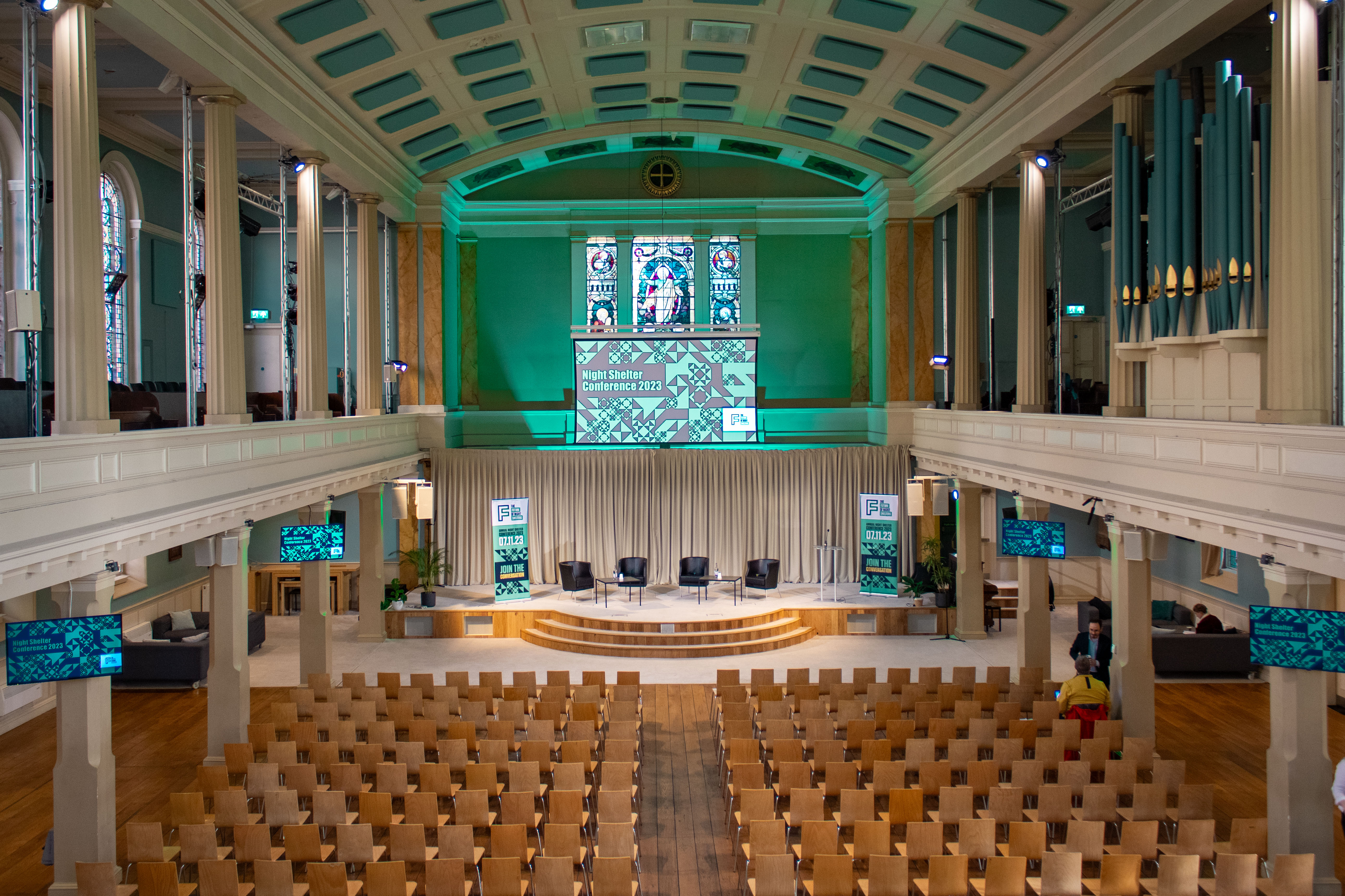 Spacious auditorium in St Mary's Marylebone for conferences and presentations.