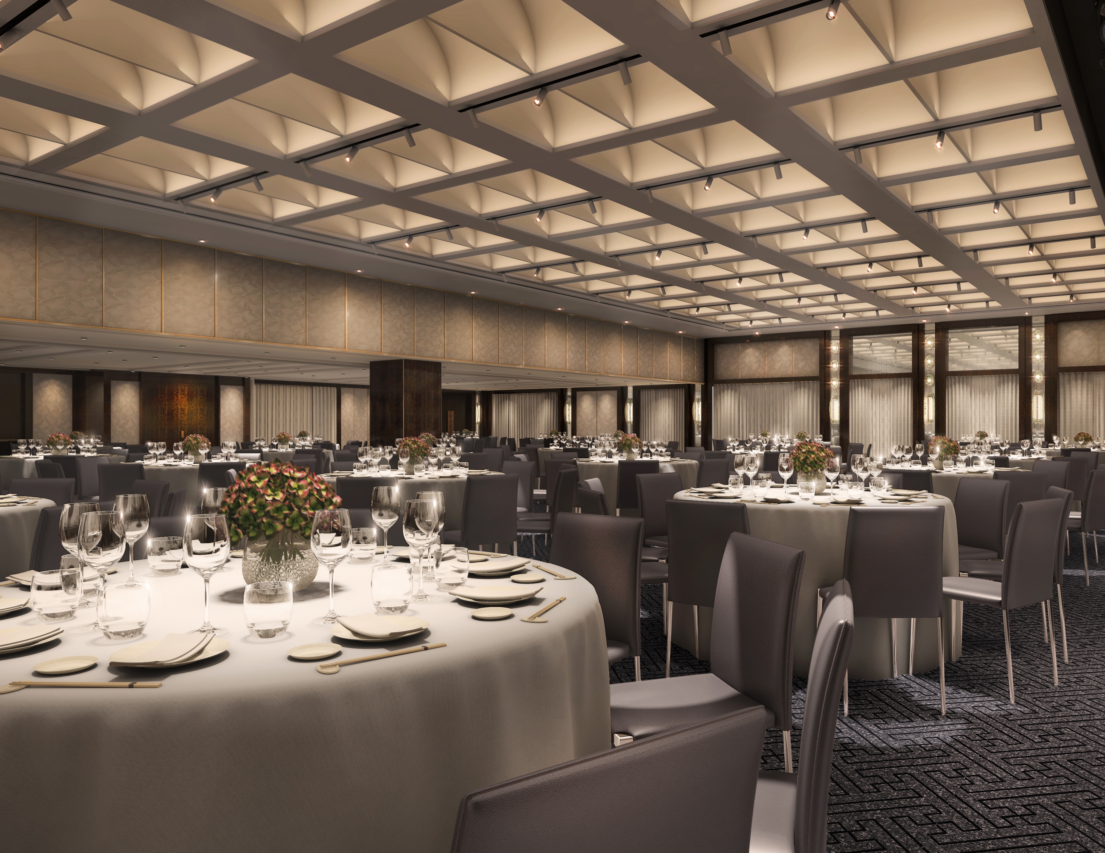 Elegant banquet hall at Nobu Hotel, perfect for formal dinners and conferences.