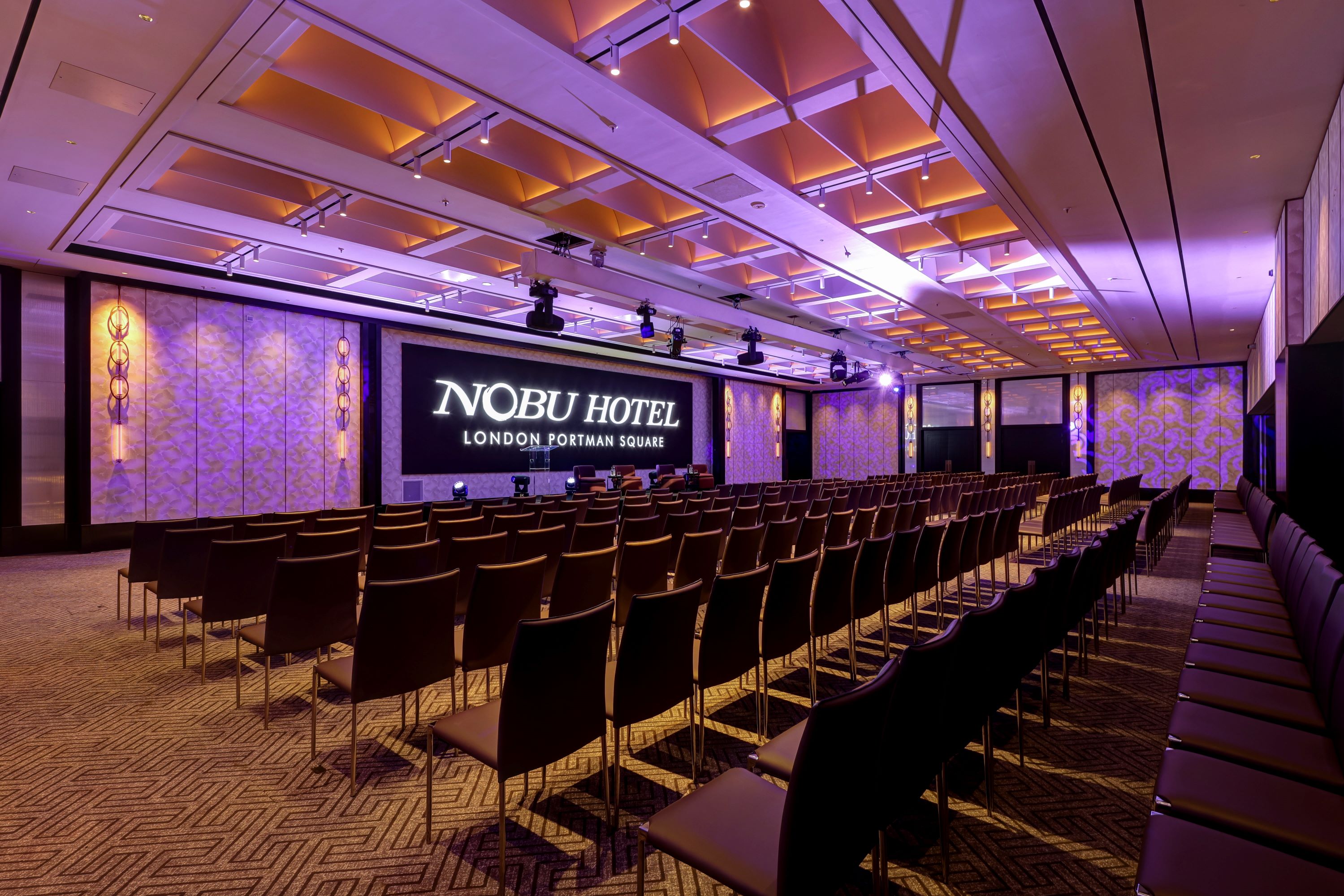 Elegant ballroom at Nobu Hotel Portman Square for corporate events and presentations.