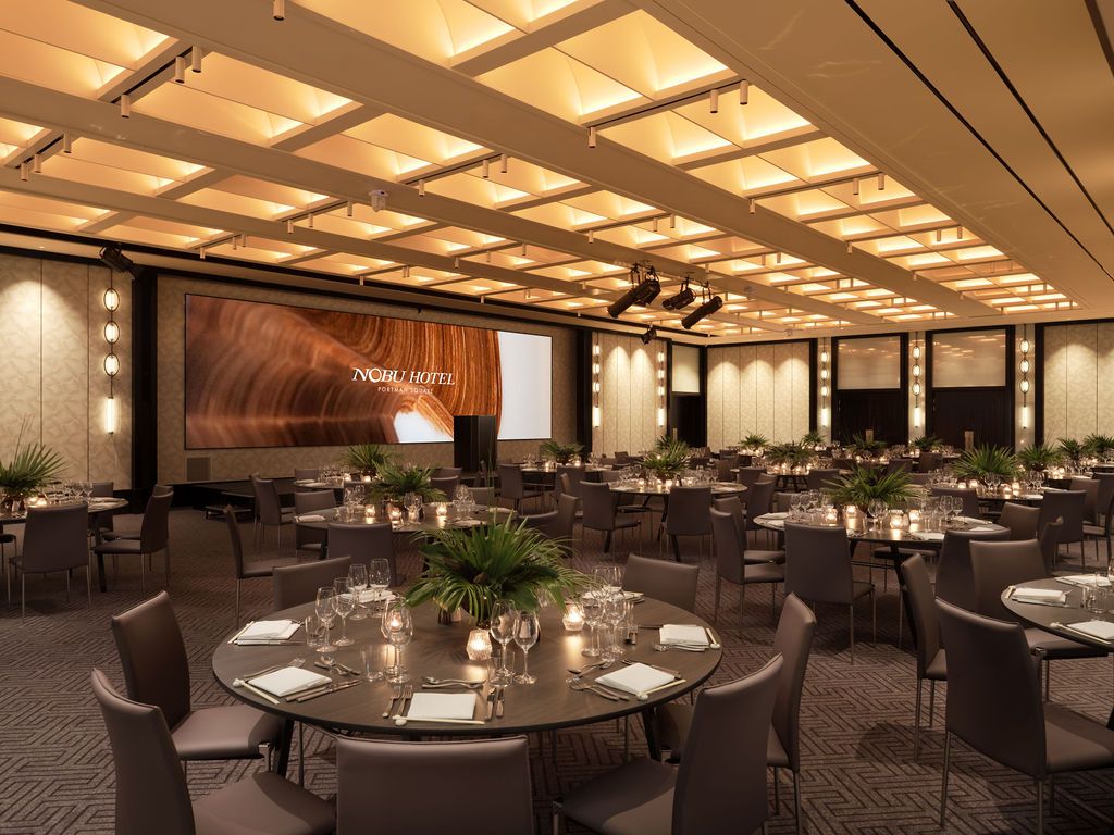 Elegant ballroom at Nobu Hotel, ideal for corporate events and weddings.