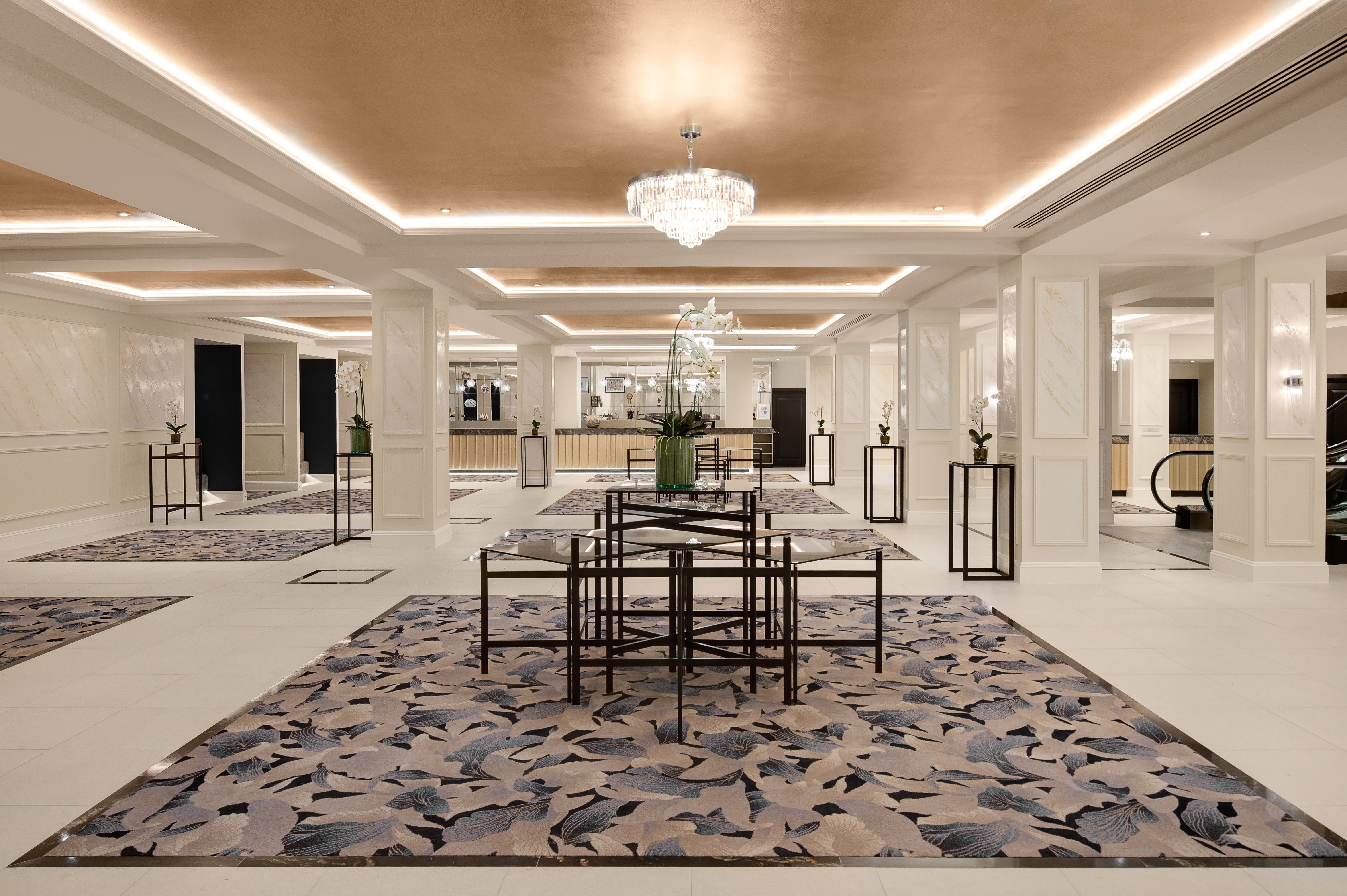 Arora Ballroom at Fairmont Windsor Park, elegant lobby for events with luxury chandeliers.