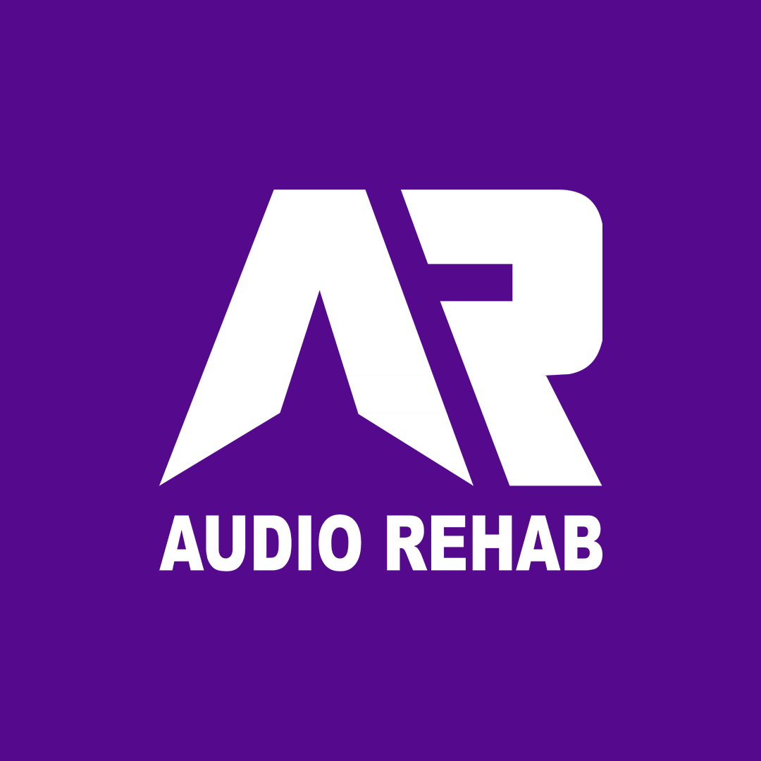 Audio Rehab logo on vibrant purple background, perfect for music events and workshops.