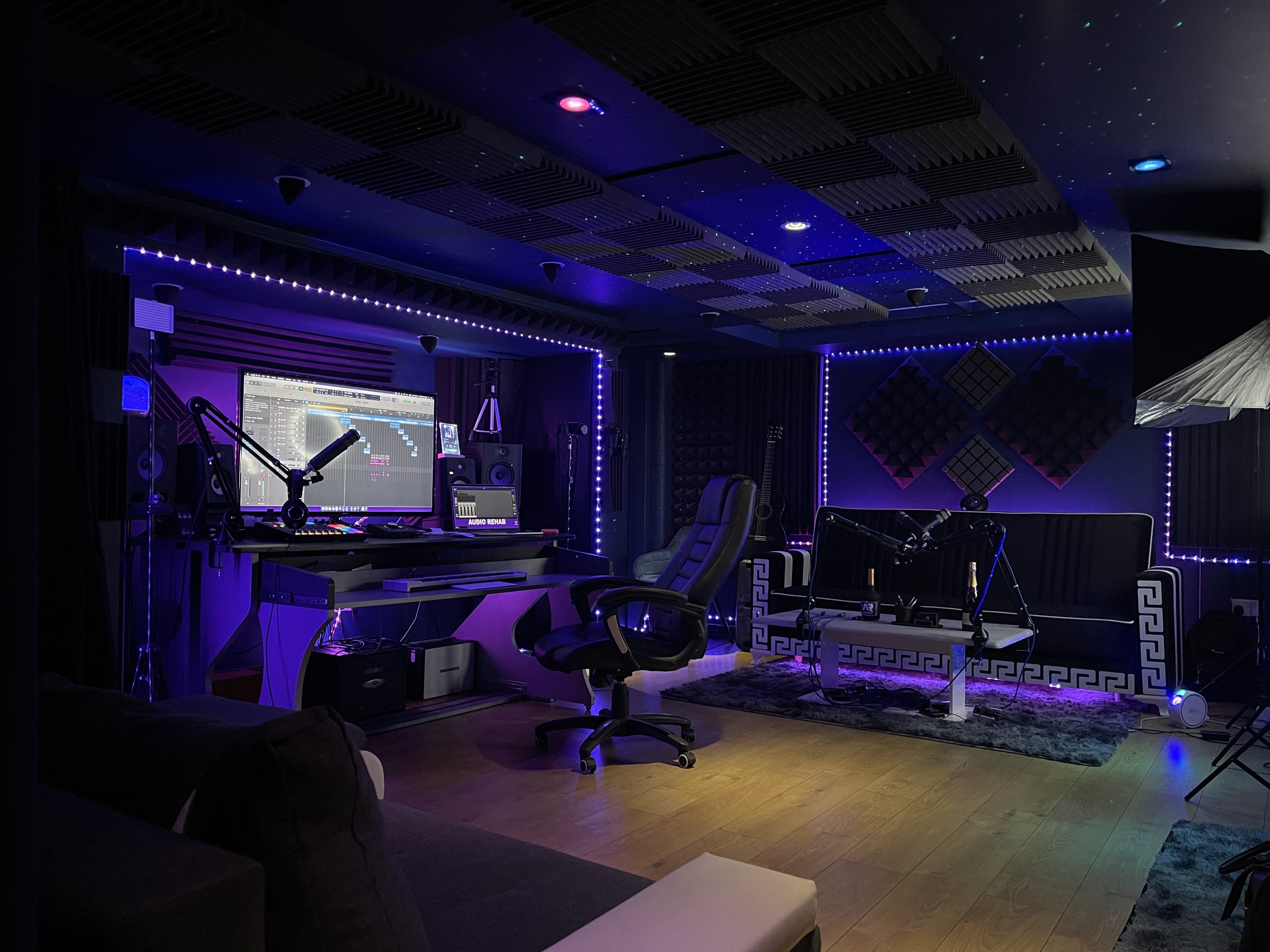 Modern audio studio with soundproofing for virtual events and live streaming.