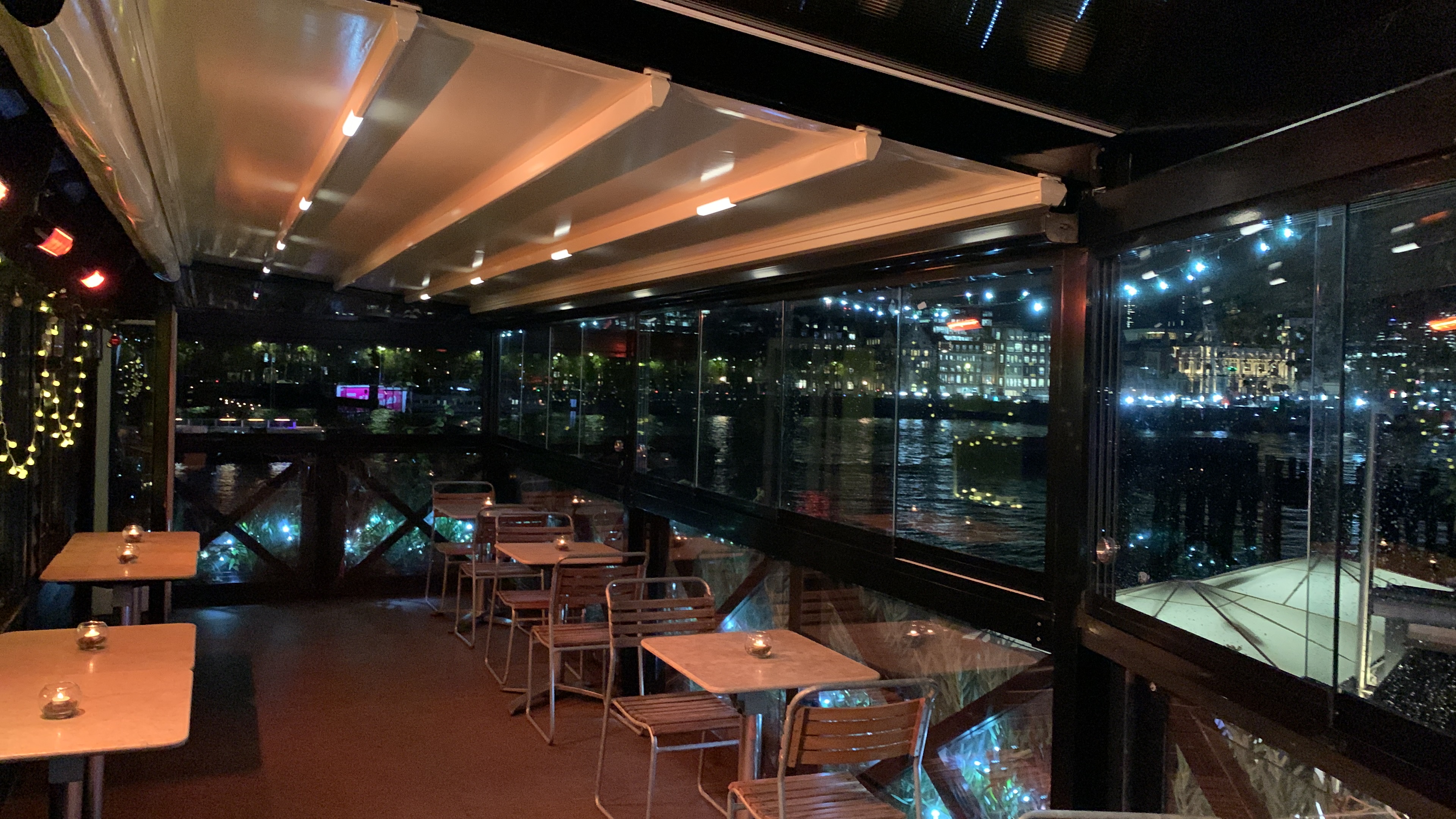 Heated covered terrace in Paradiso London, perfect for stylish evening events and gatherings.
