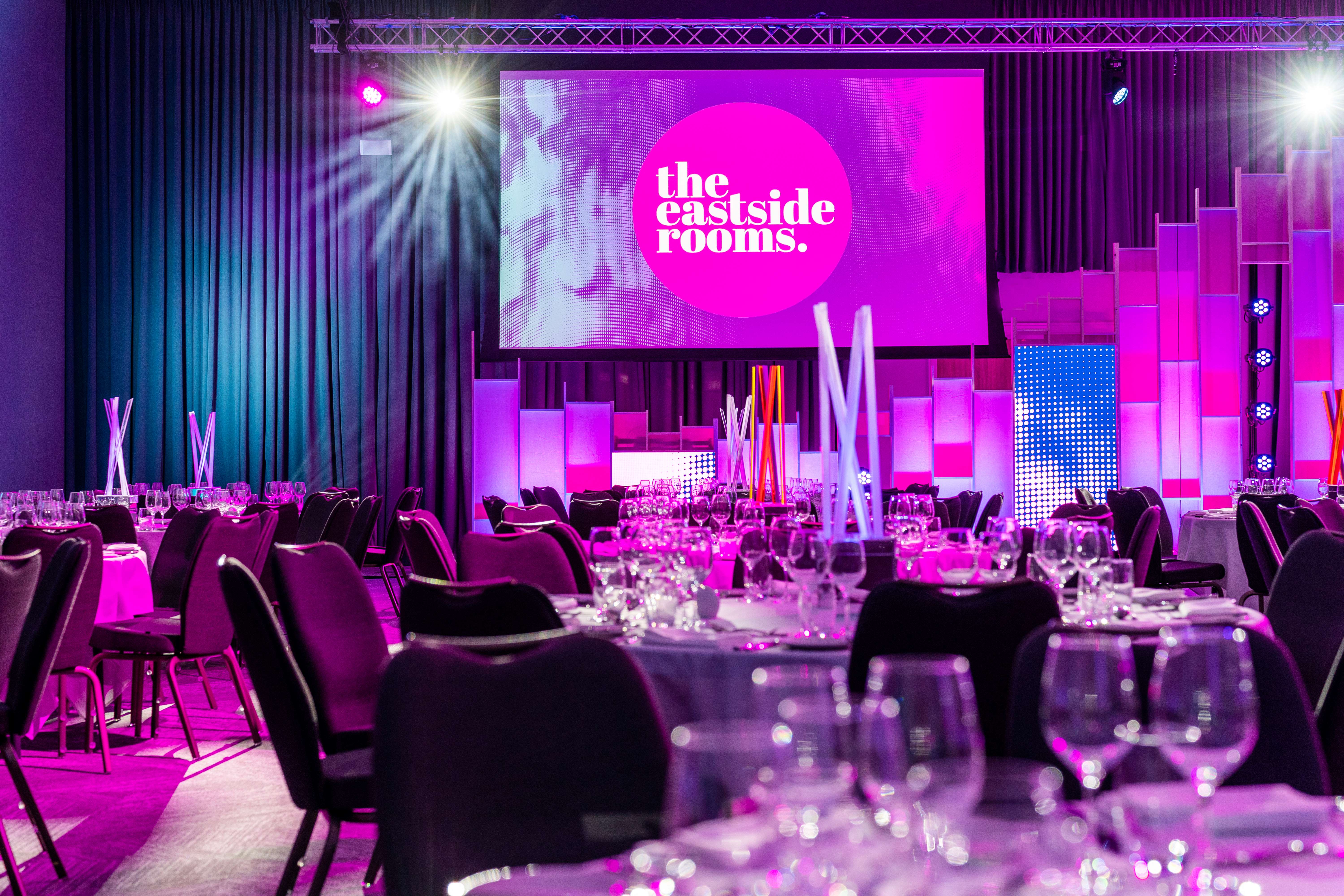 Affinity Two event space with elegant tables, ideal for corporate gatherings and galas.