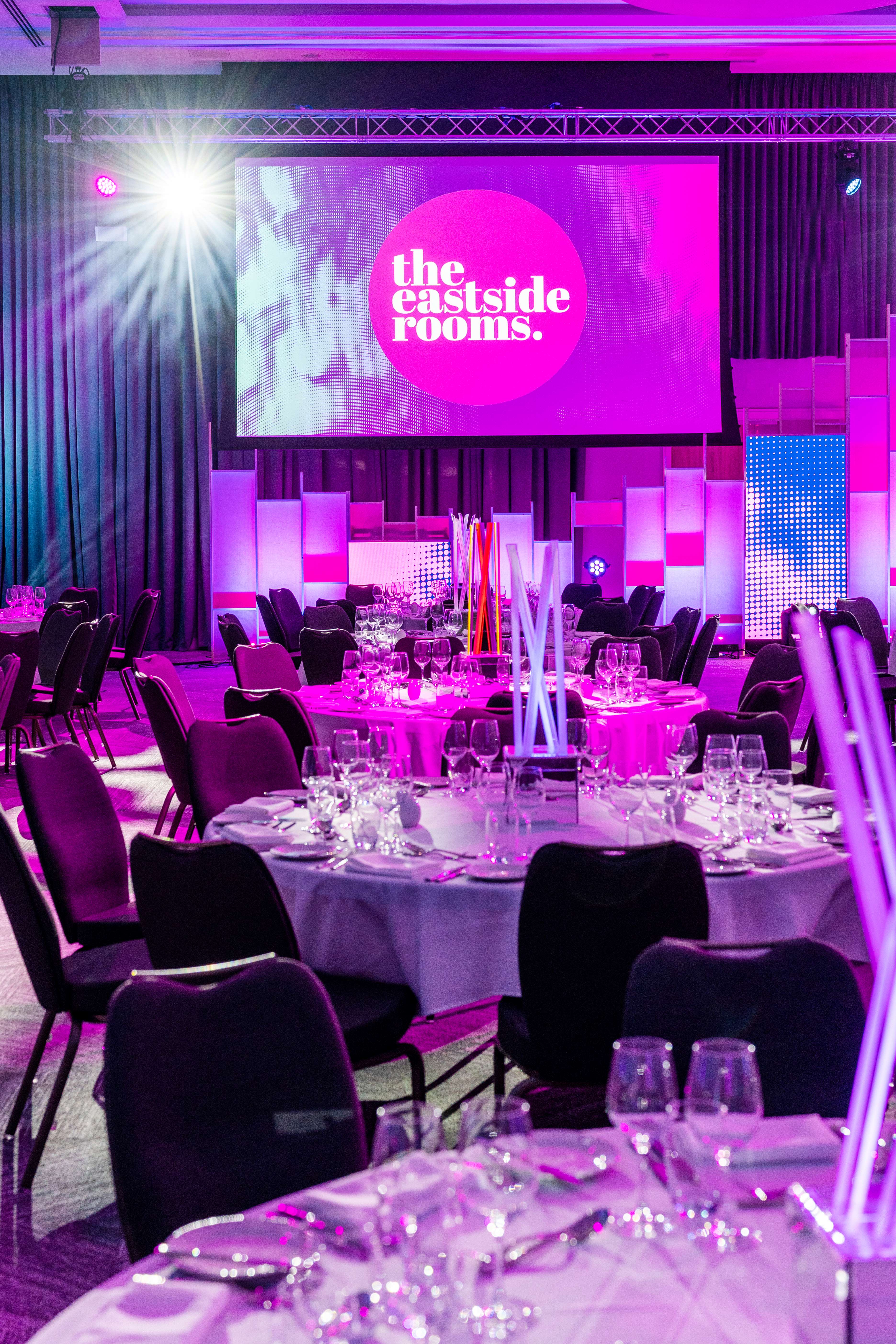 Elegant dinner setup in Affinity Two, Eastside Rooms for corporate events and gala dinners.