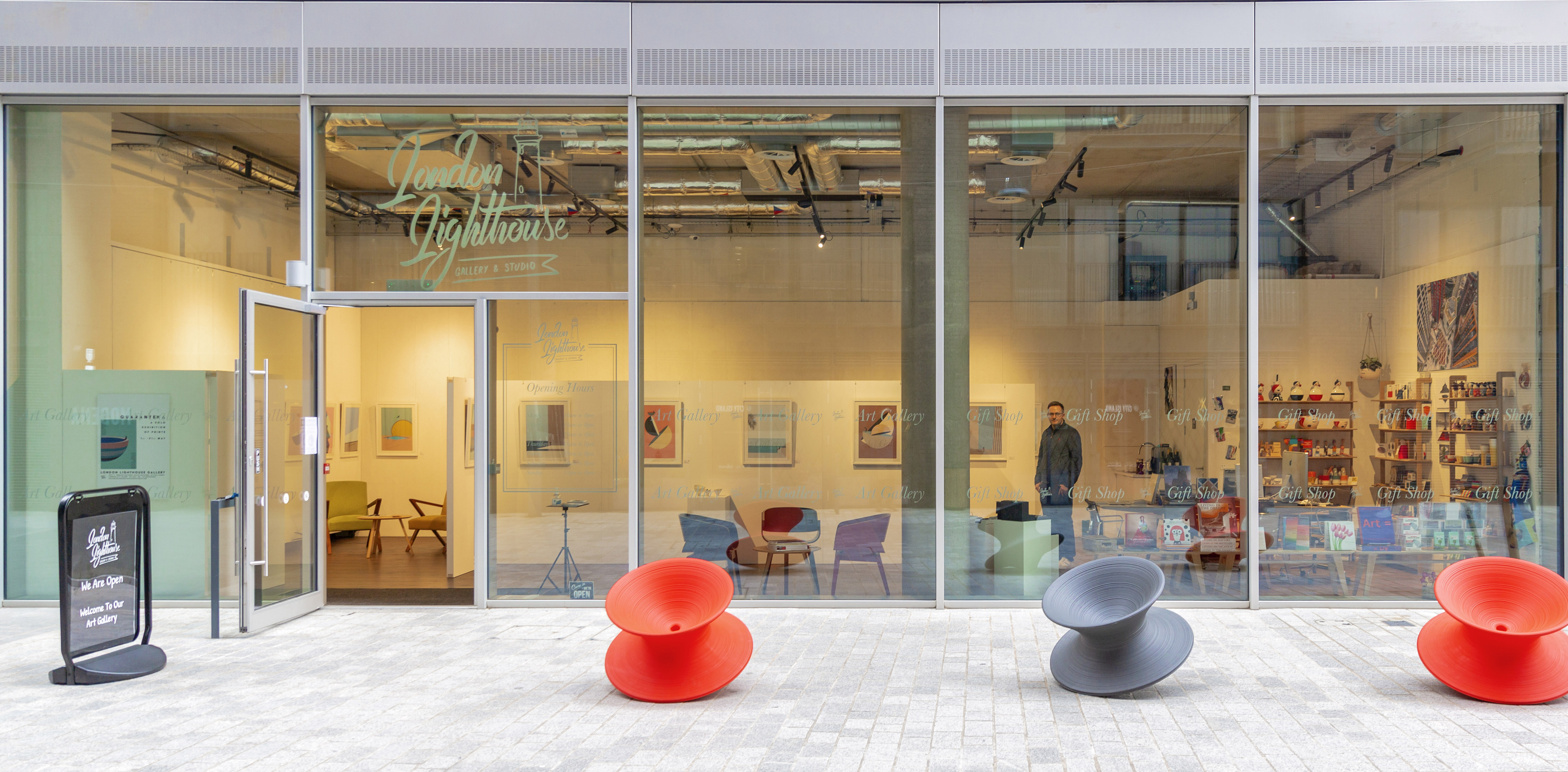 Modern London venue with glass windows, ideal for events and exhibitions.