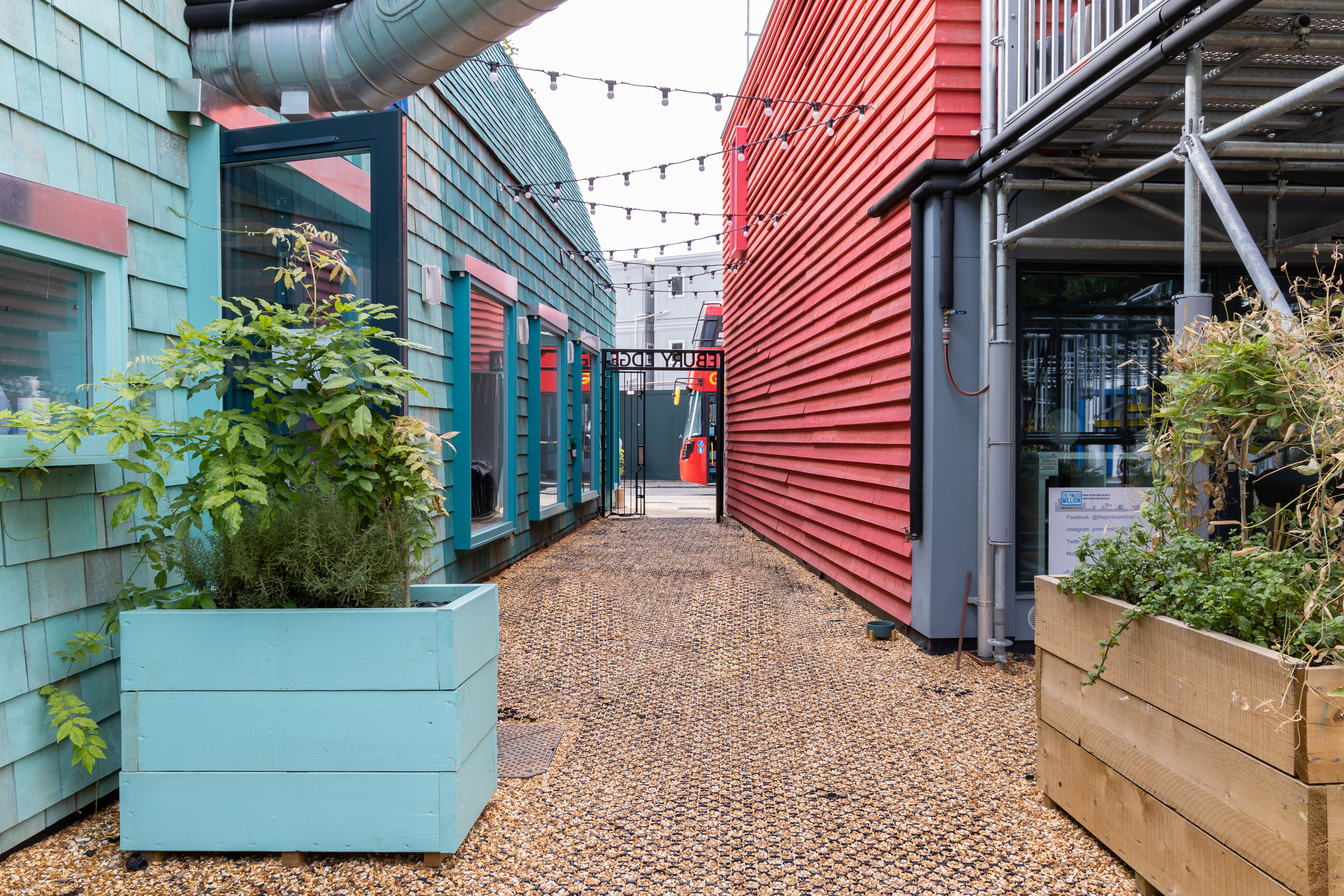 Vibrant outdoor wedding venue with colorful buildings and charming string lights.