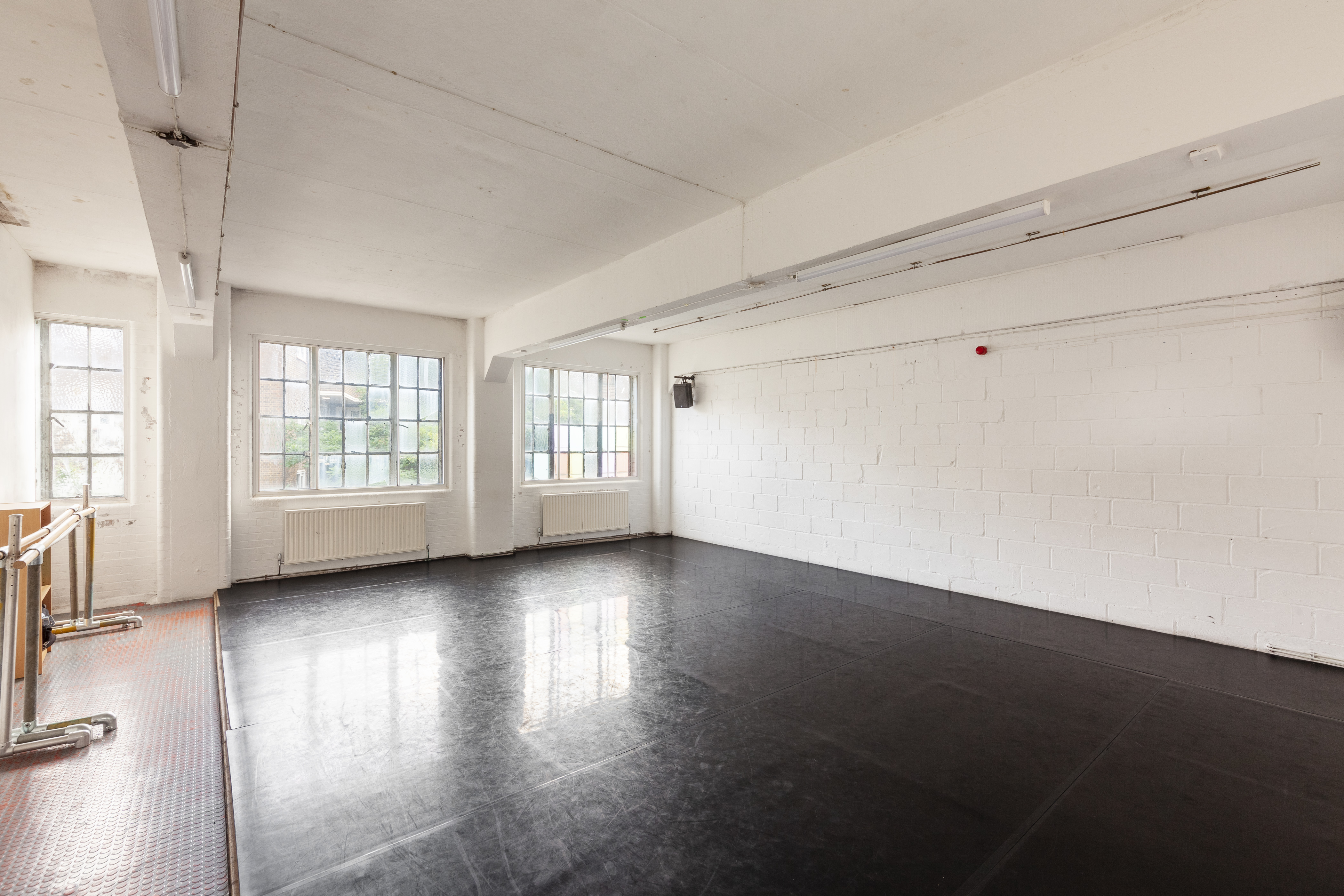 Spacious, well-lit Research Studio at Chisenhale Dance Space for workshops and gatherings.