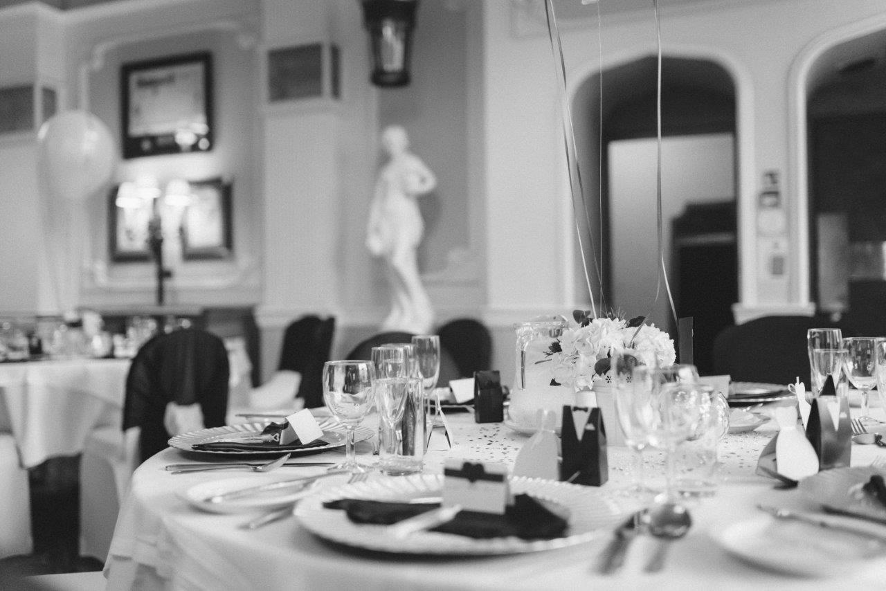 Elegant dining table in Terrace Room, Best Western Plough and Harrow Hotel for formal events.