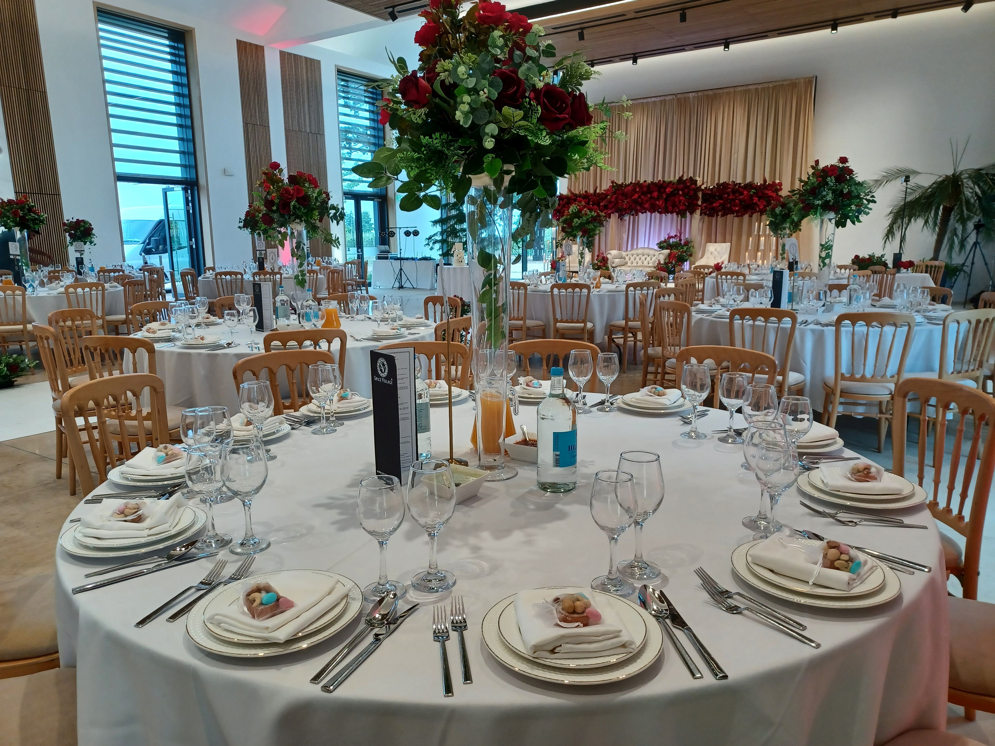 Elegant banquet hall at RHS Garden Wisley, ideal for weddings and corporate events.