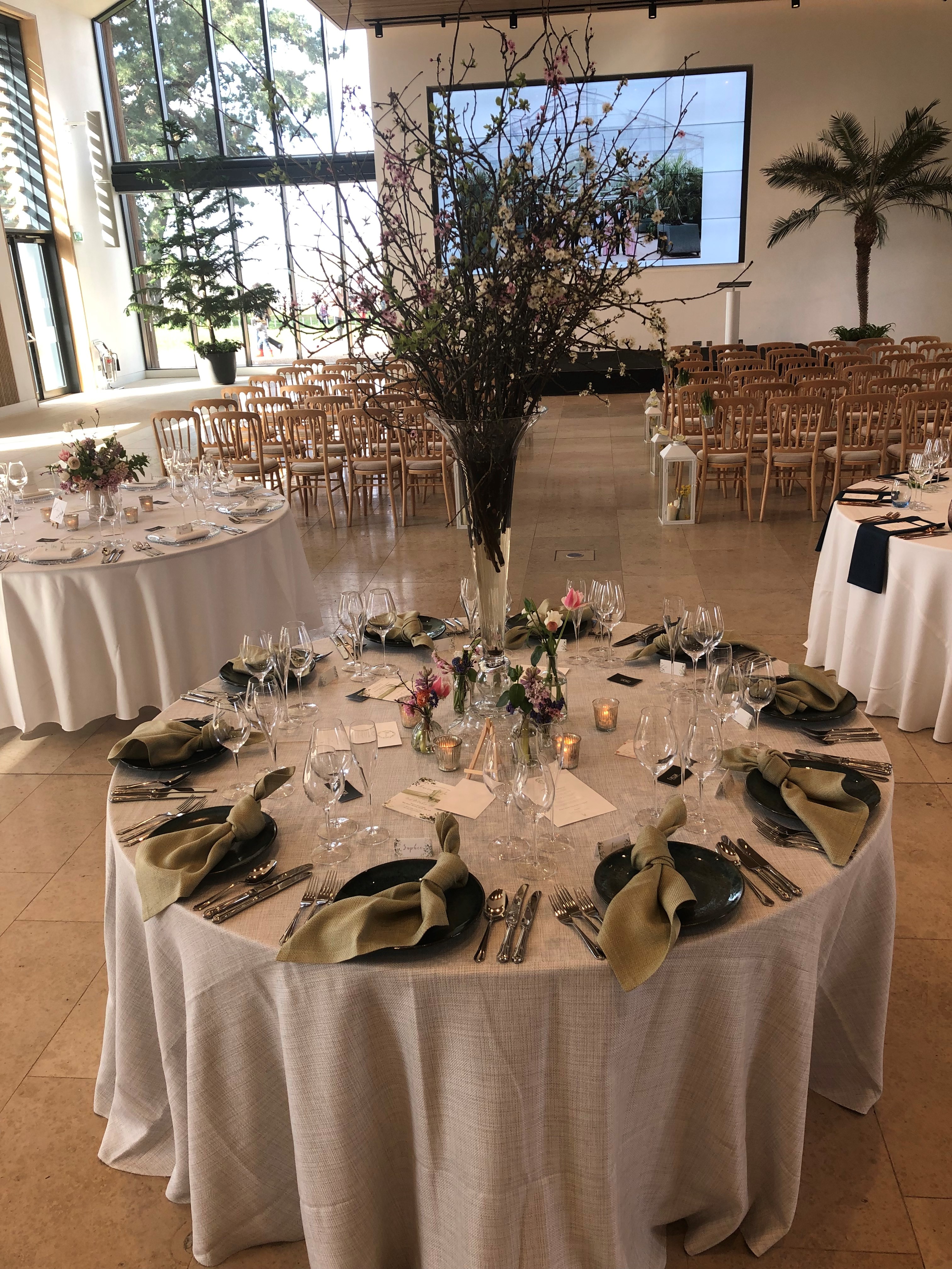 Elegant banquet setup in Hilltop Garden Room, perfect for weddings and formal events.