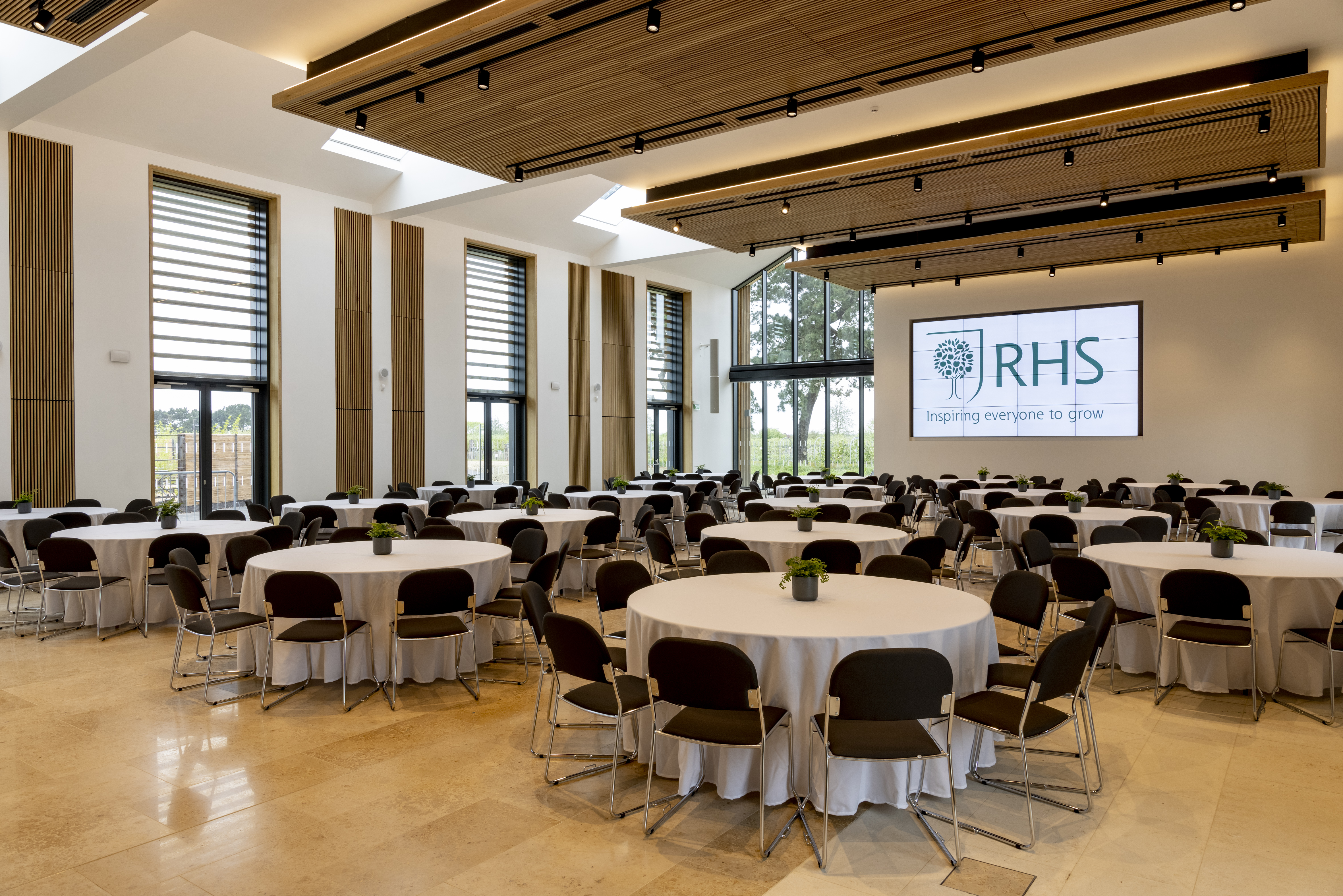 Hilltop Garden Room at RHS Wisley, modern event space for corporate meetings and banquets.