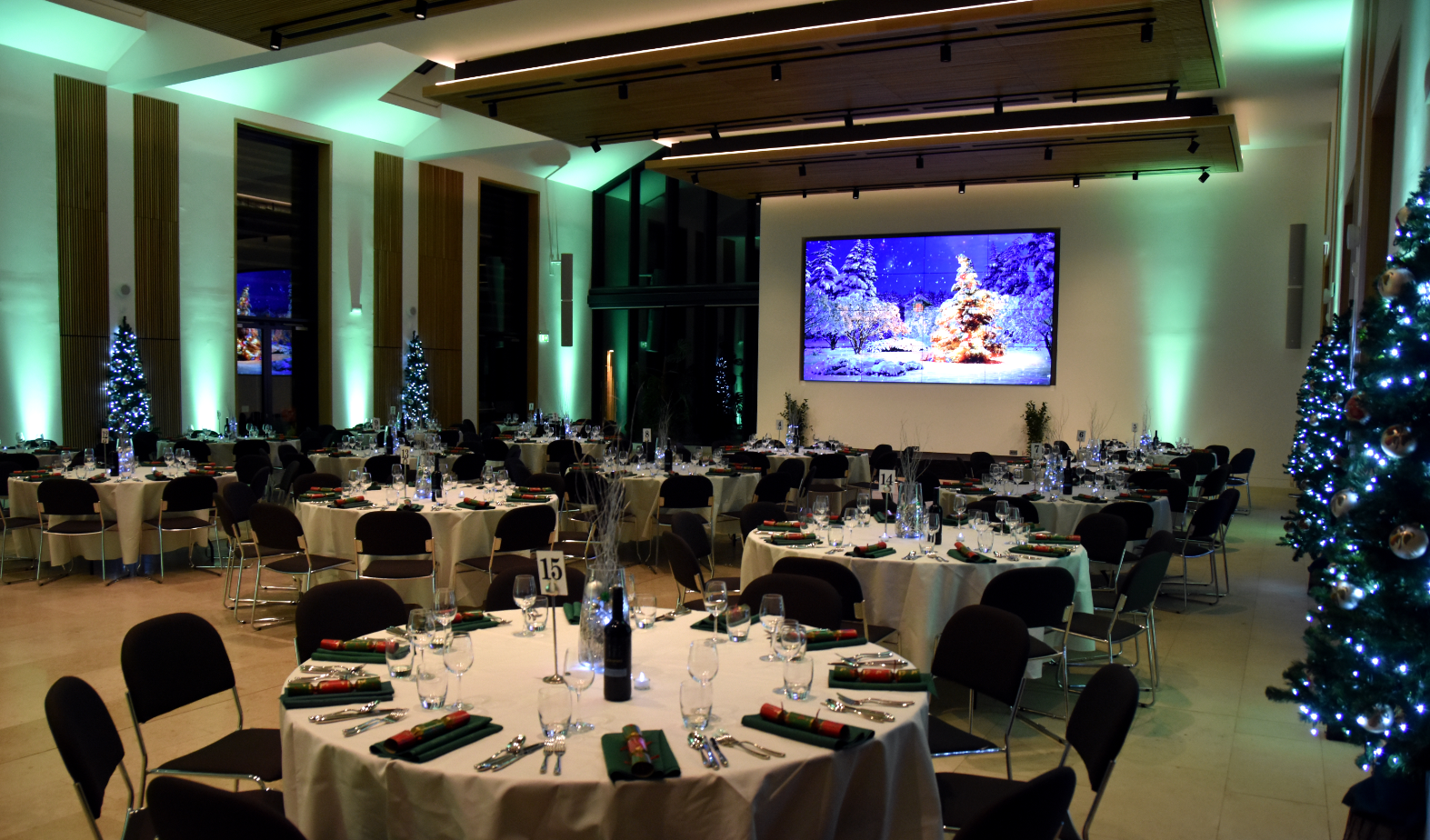 Hilltop Garden Room at RHS Wisley, festive tables for holiday corporate events.