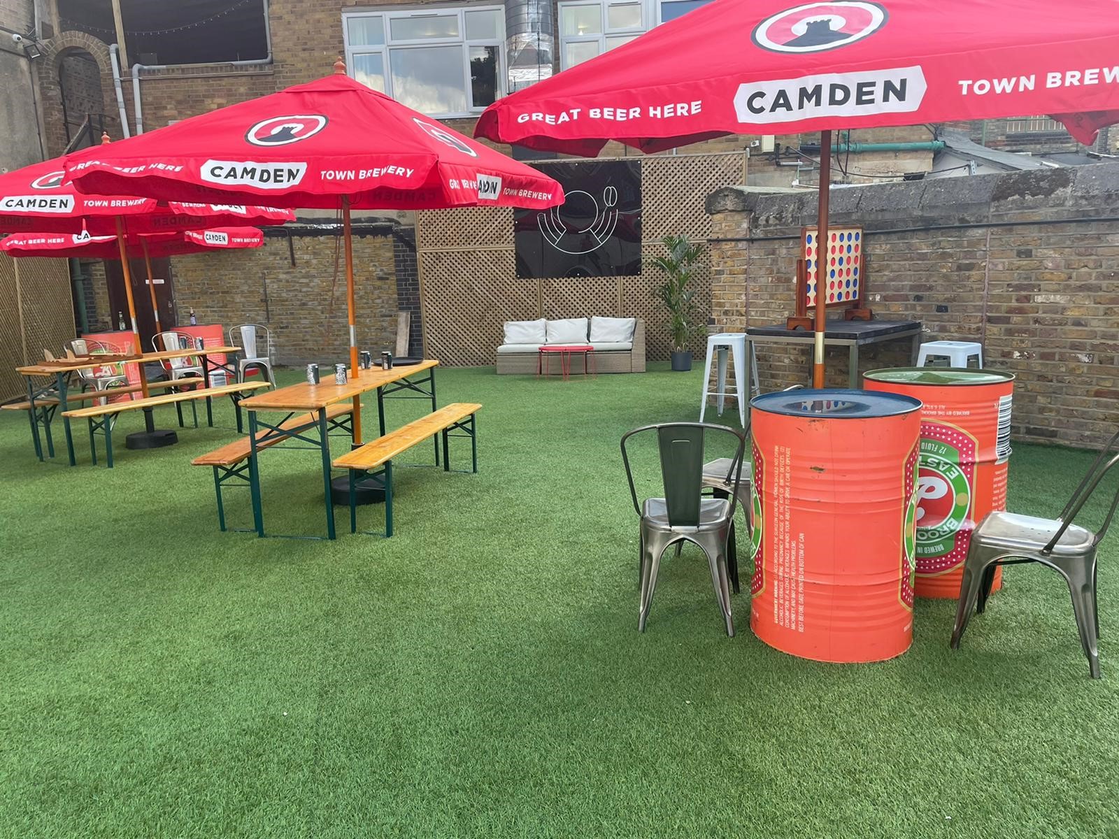 Vibrant outdoor event space with colorful umbrellas for summer parties in Hackney.