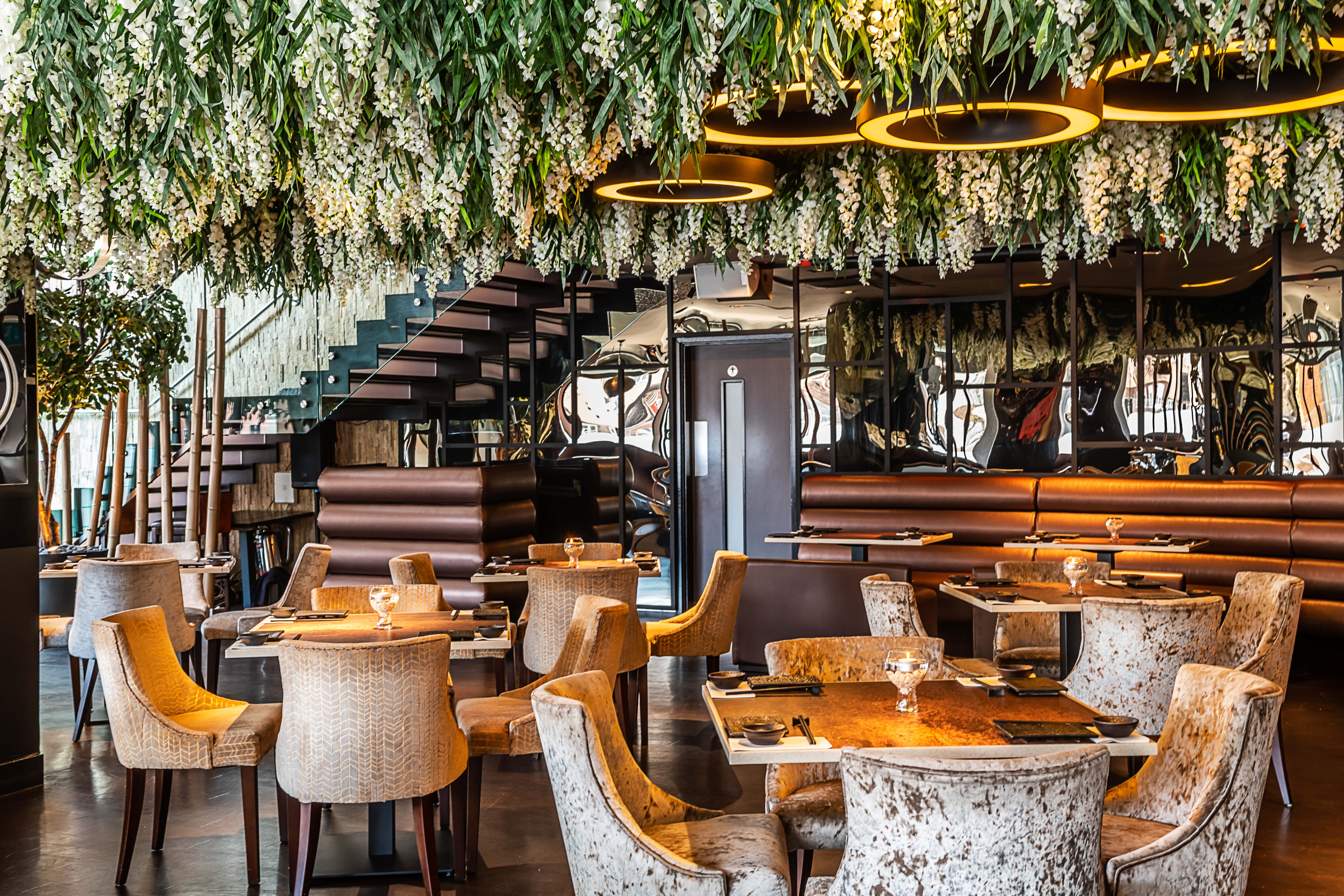 Elegant restaurant with floral decor, perfect for upscale events and private dining.