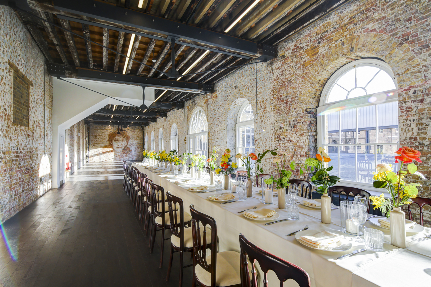 Elegant dining table in Knight Gallery, Woolwich Works - perfect for weddings and events.