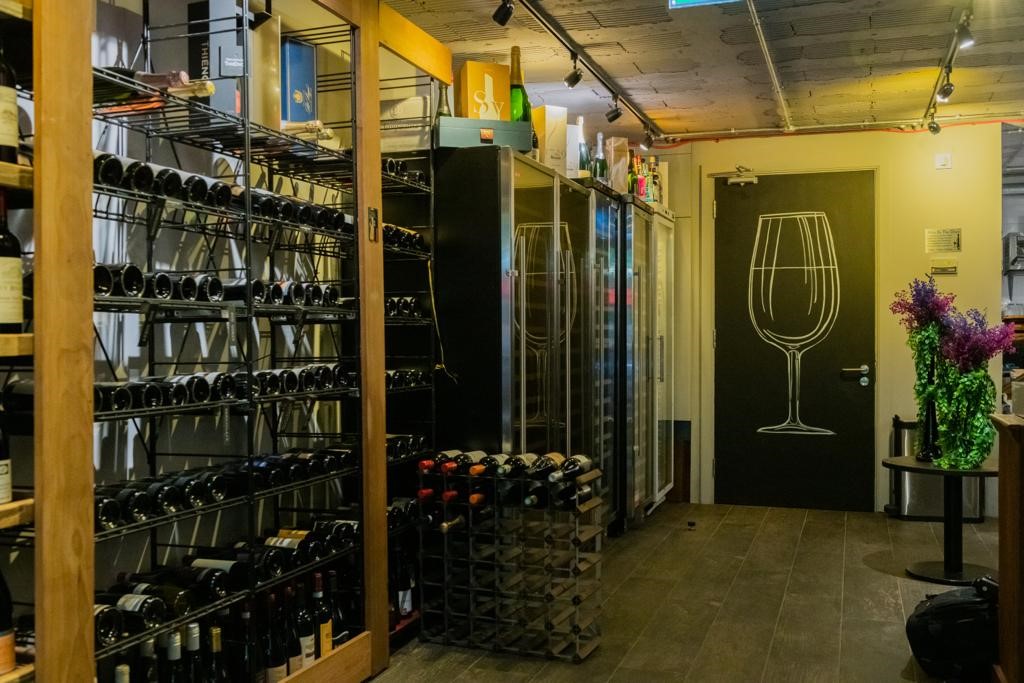 Upscale wine storage area in Brooks Mews Wine House for private tastings and events.