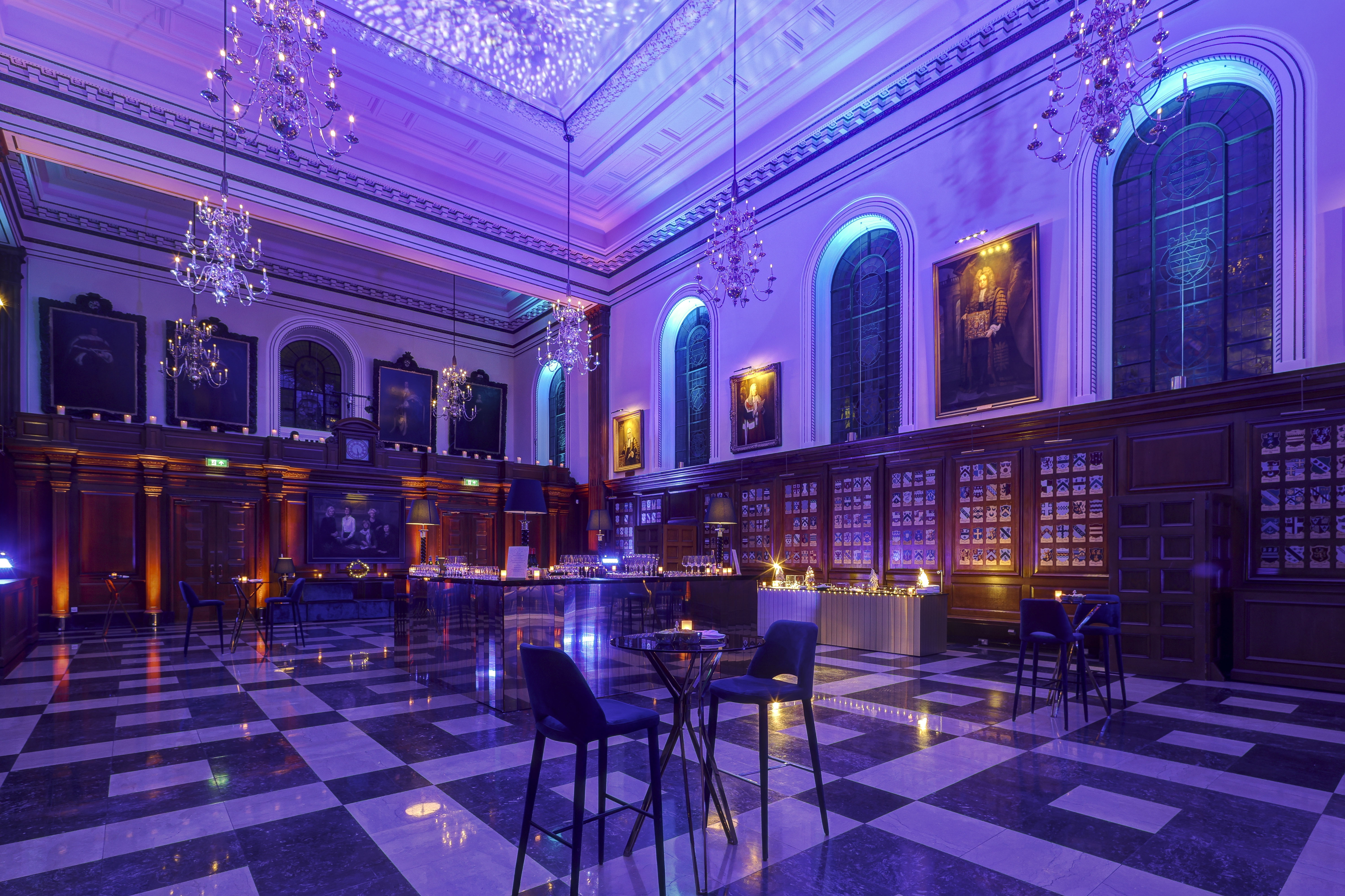 Elegant event space in The Inner Temple with chandeliers, ideal for corporate gatherings.