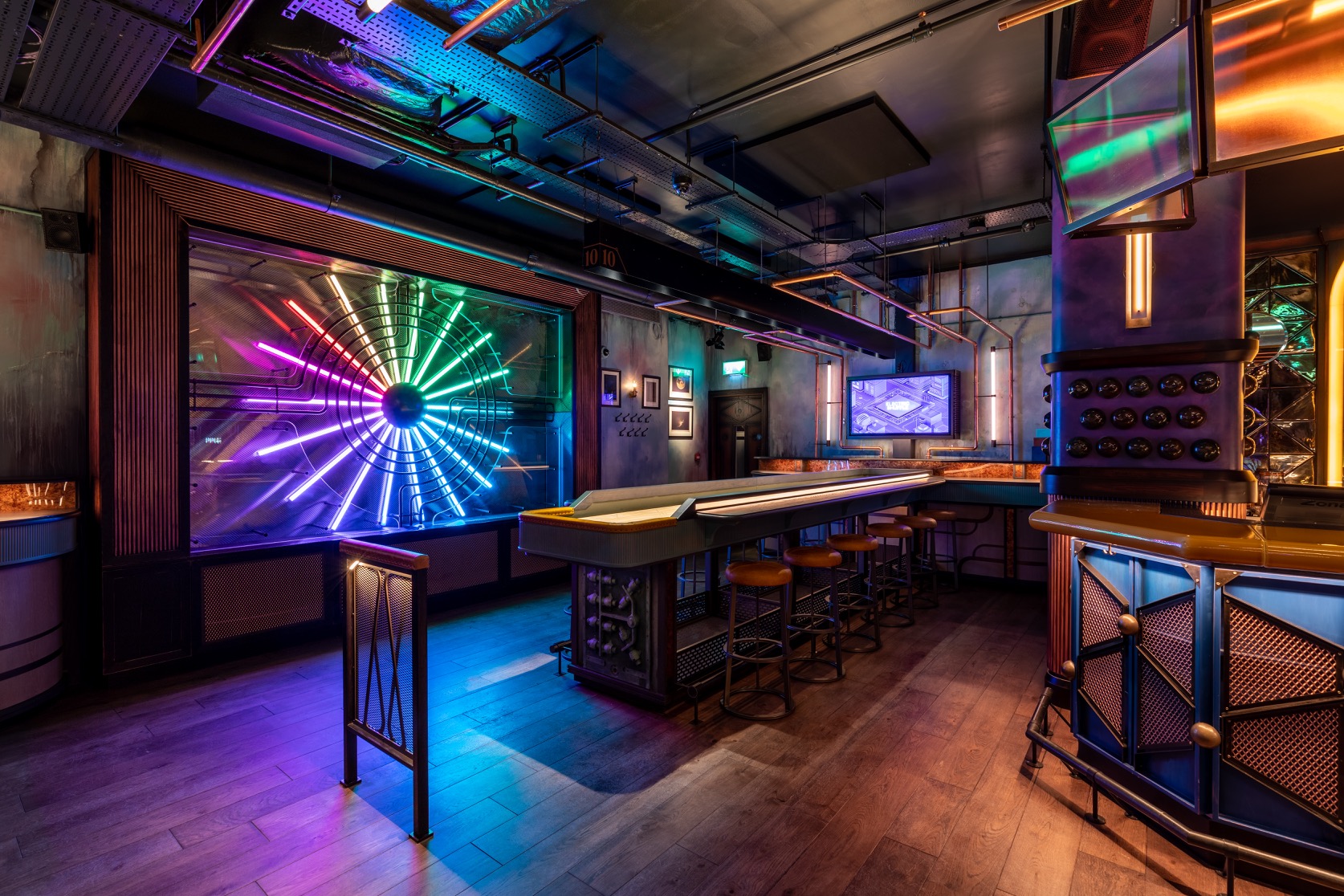 Vibrant event space at Electric Shuffle Canary Wharf for meetings and social gatherings.