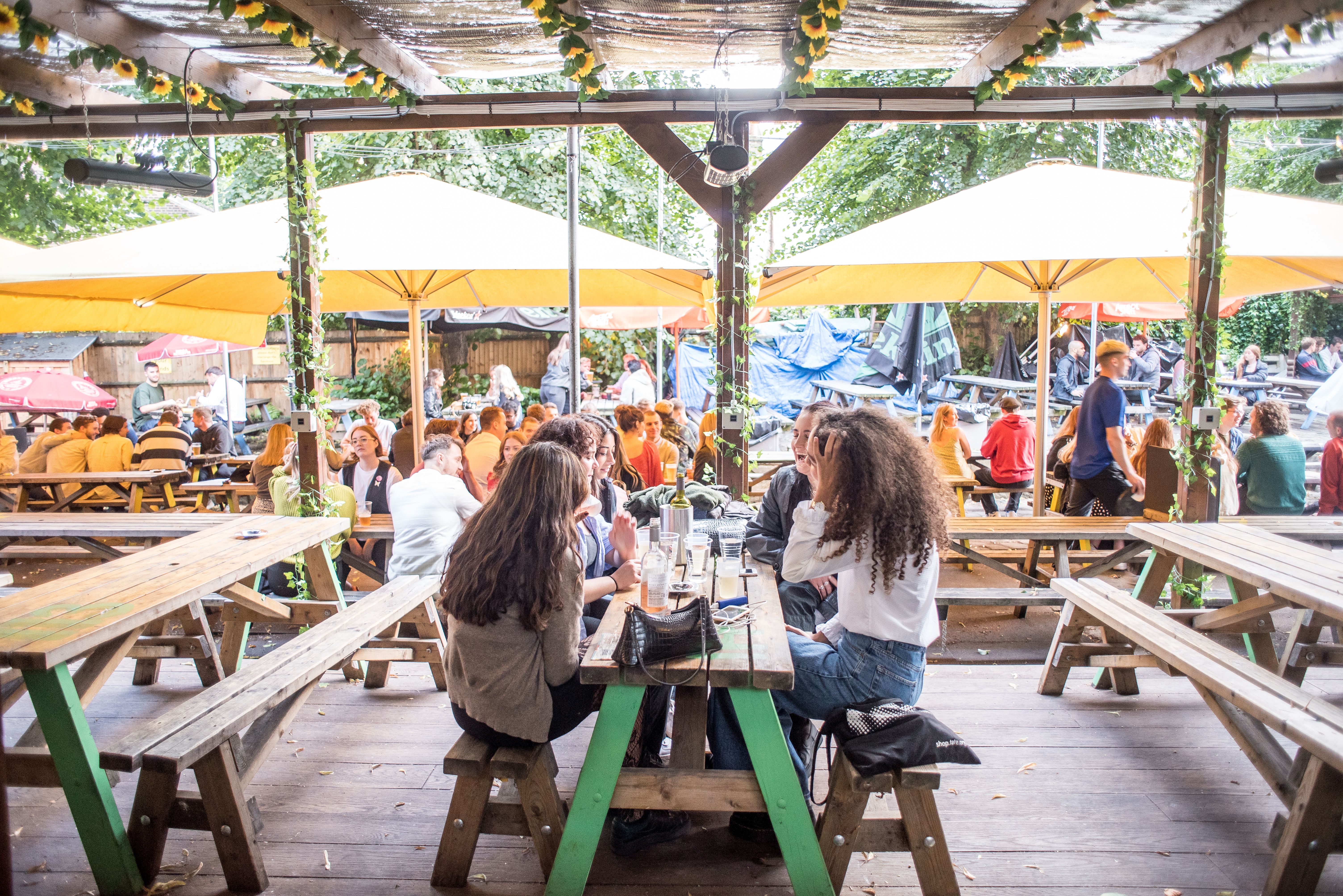 Vibrant beer garden with picnic seating, perfect for summer parties and networking events.