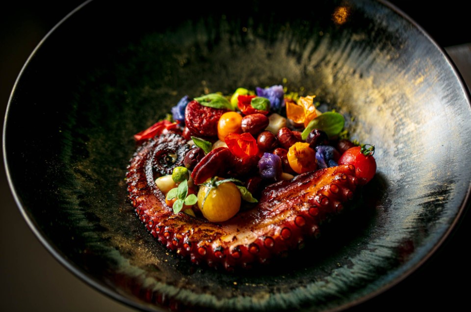 Plated octopus dish with vibrant vegetables at LUNA LONDON for upscale events.