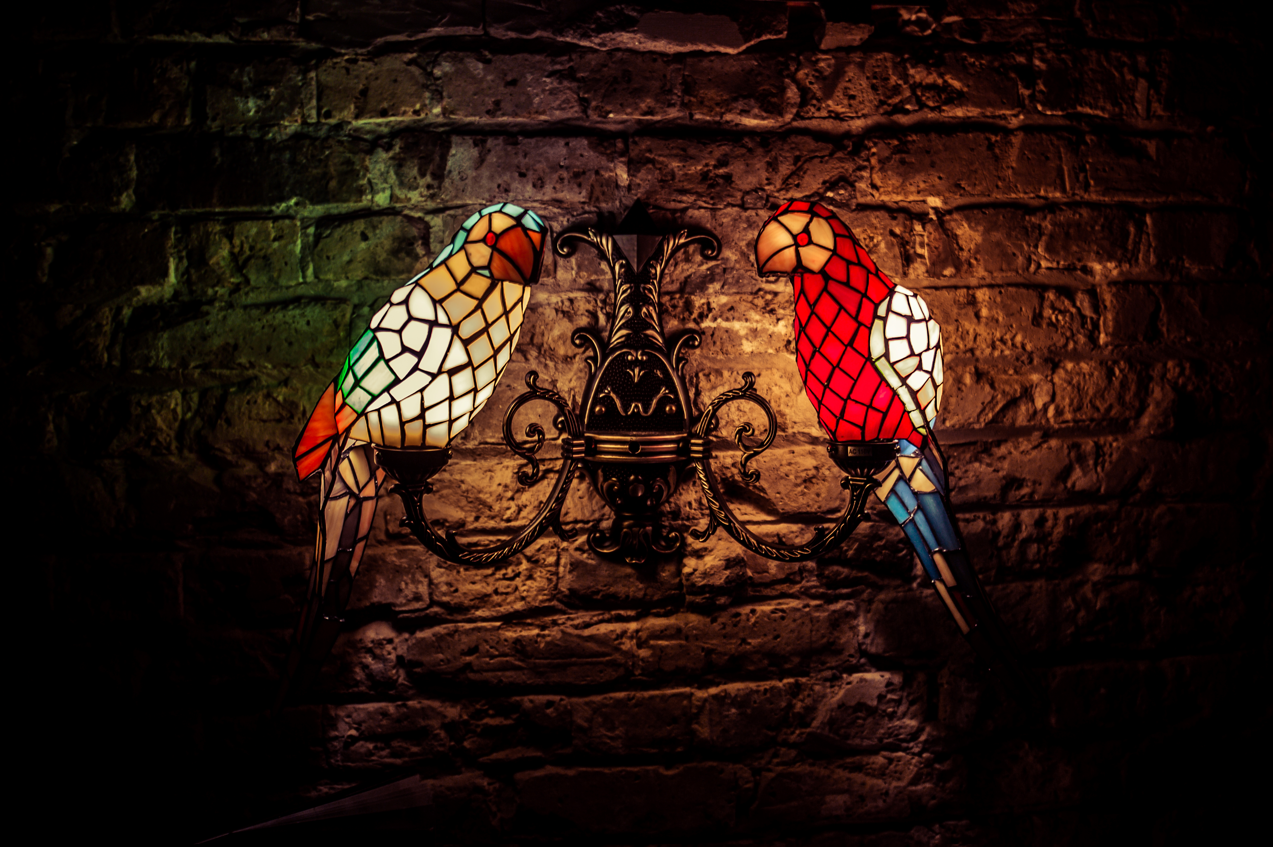 Stained glass parrots at The Cocktail Club Mansion House, perfect for events and gatherings.